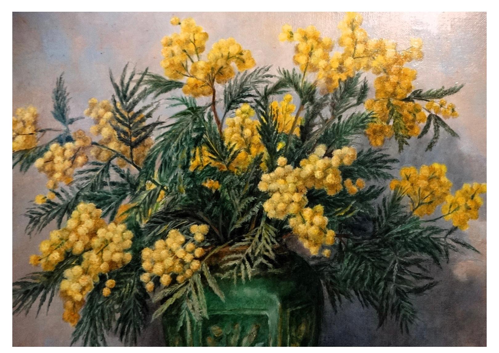 Mid-Century Modern Mid c20th century oil painting on canvas of Mimosa in a pottery vase For Sale