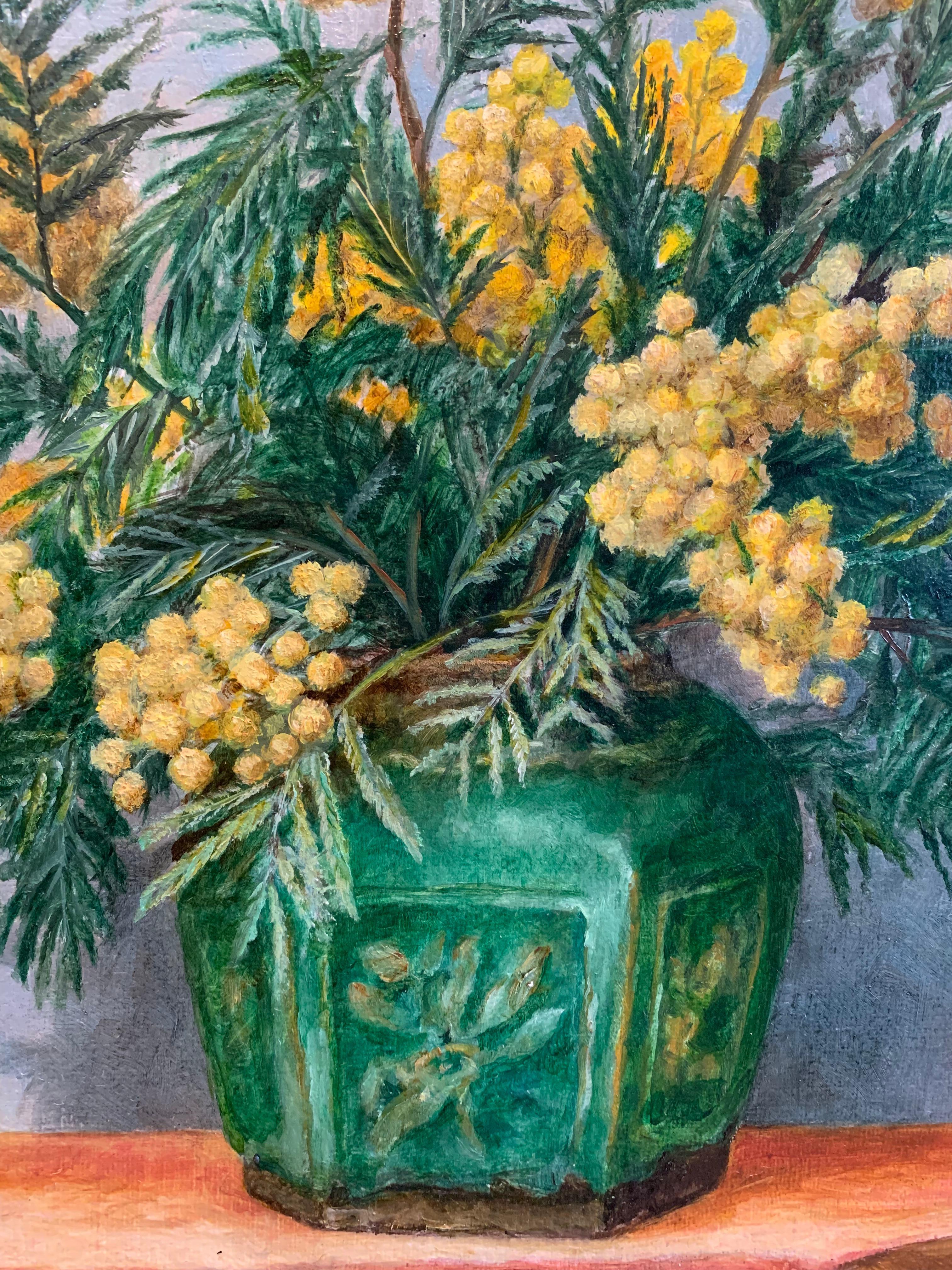 Oiled Mid c20th century oil painting on canvas of Mimosa in a pottery vase For Sale