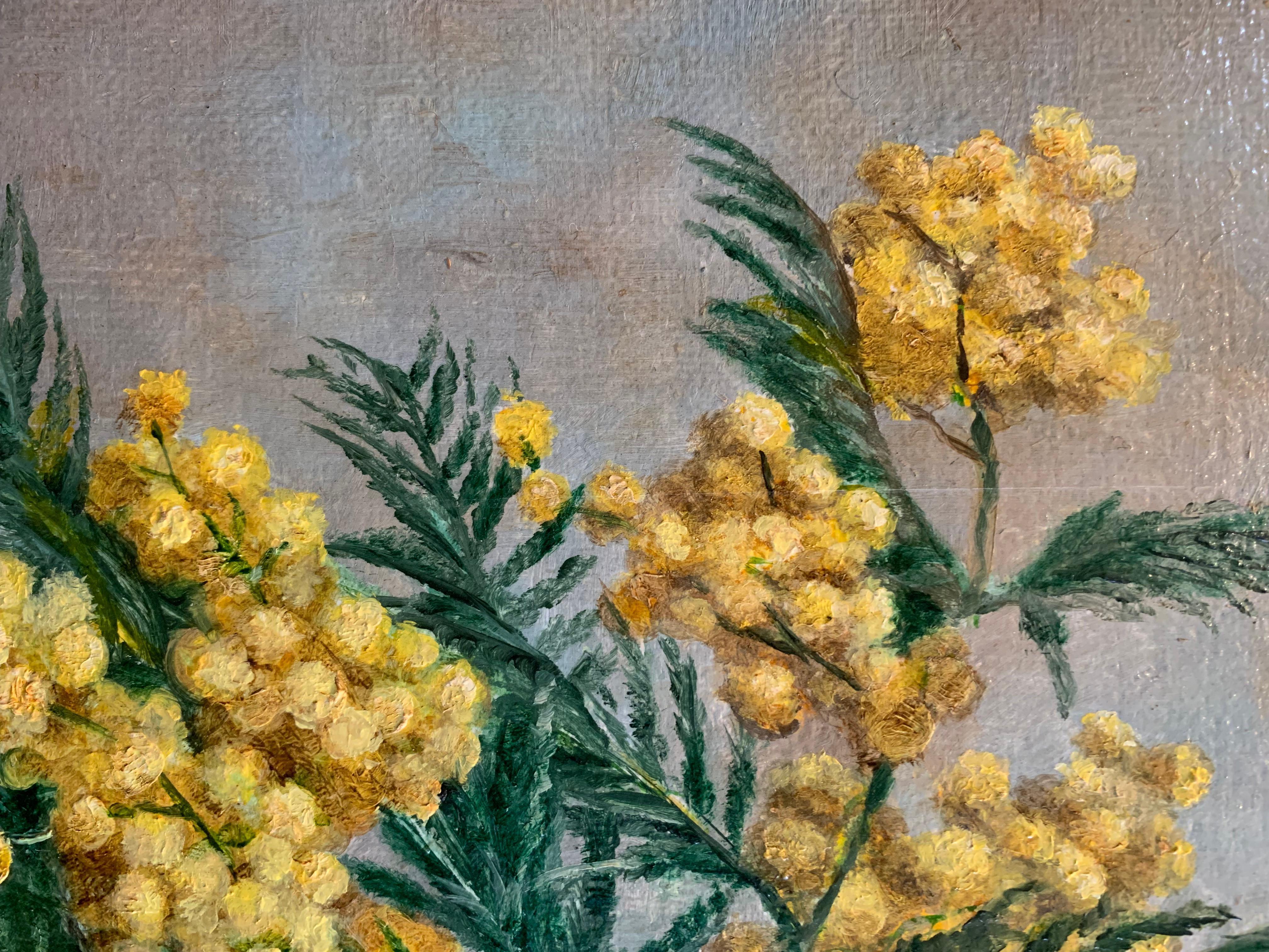 Mid c20th century oil painting on canvas of Mimosa in a pottery vase In Good Condition For Sale In London, GB
