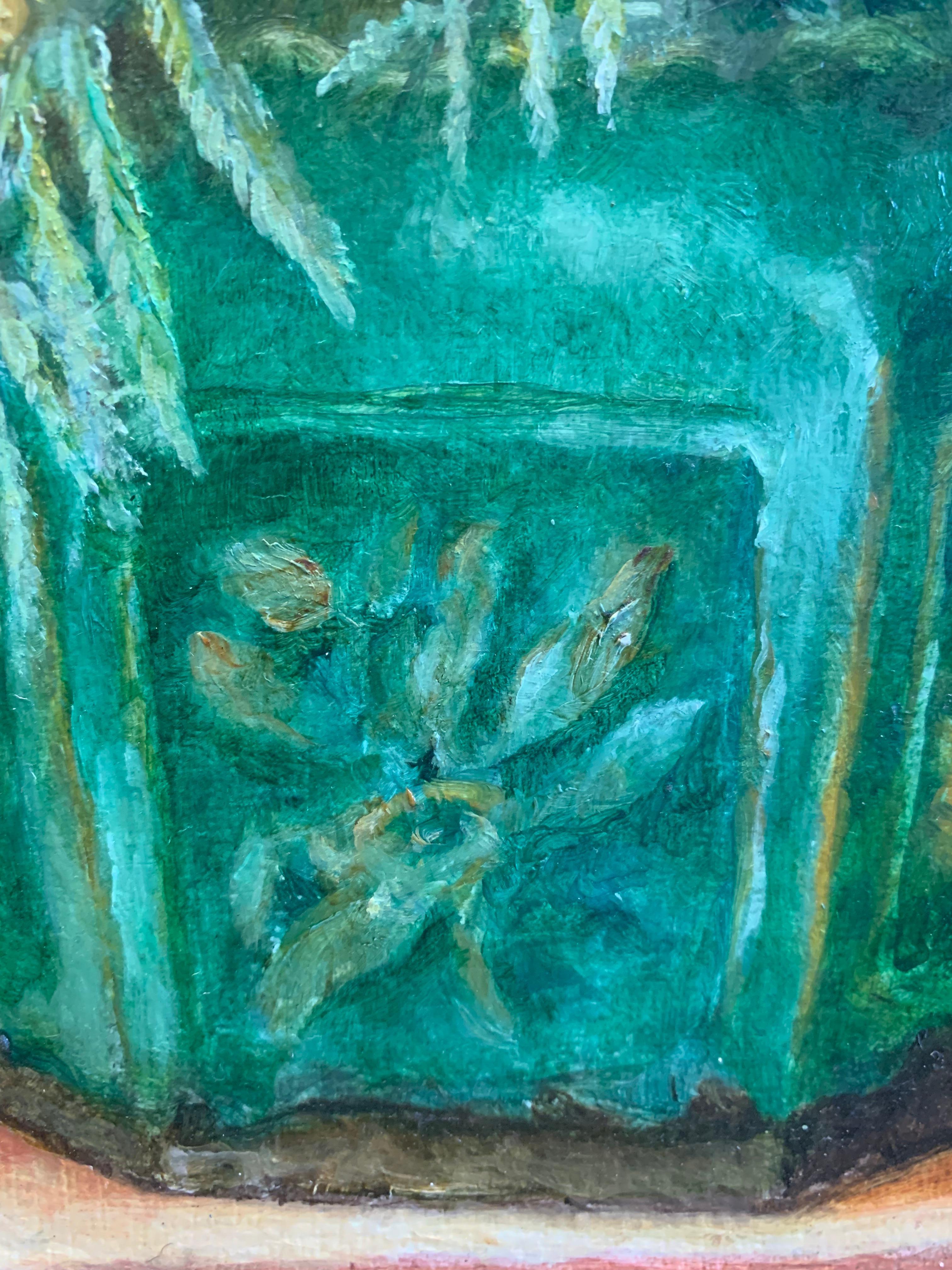 Canvas Mid c20th century oil painting on canvas of Mimosa in a pottery vase For Sale