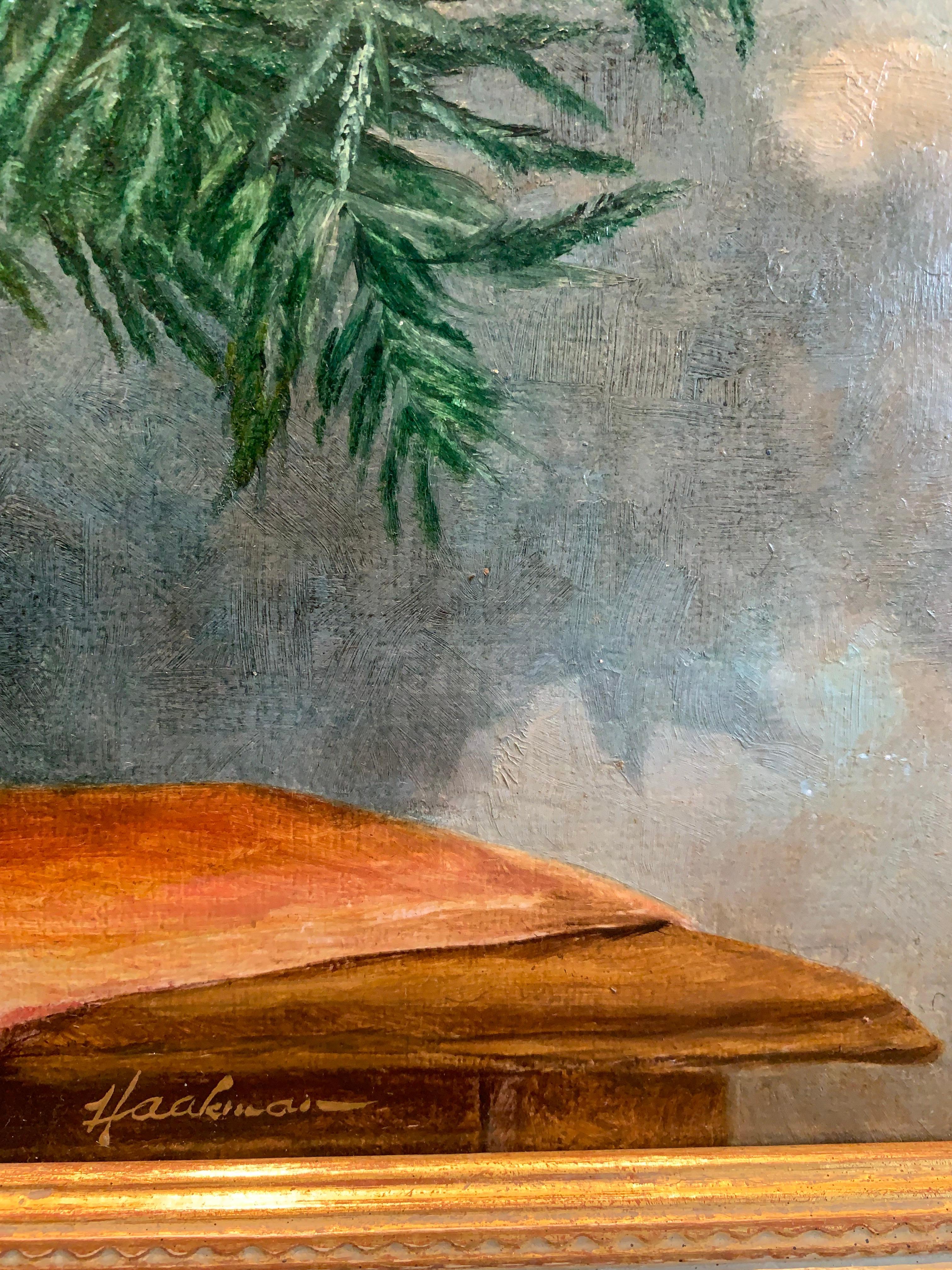 Mid c20th century oil painting on canvas of Mimosa in a pottery vase For Sale 1