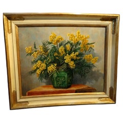 Dipinto a olio su tela della metà del XX secolo raffigurante Mimosa in un vaso di ceramica