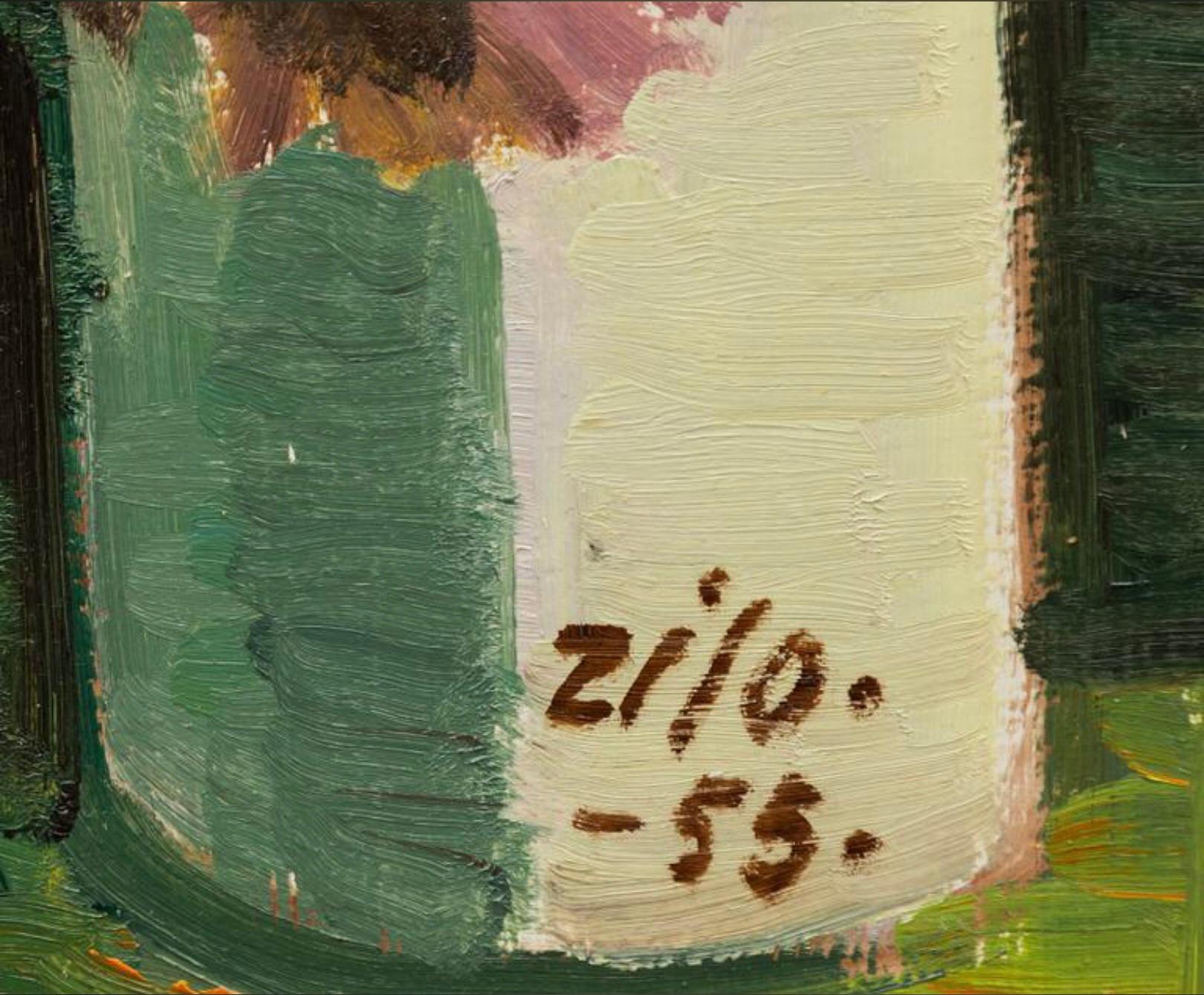 Auffallend gerahmtes Ölgemälde auf Tafel mit einem Strauß Asterblüten in einem Krug vor einem großen Chevalspiegel.
Der schwedische Künstler Zilo, der für seine Stillleben und figurativen Arbeiten bekannt ist und in vielen skandinavischen Museen für