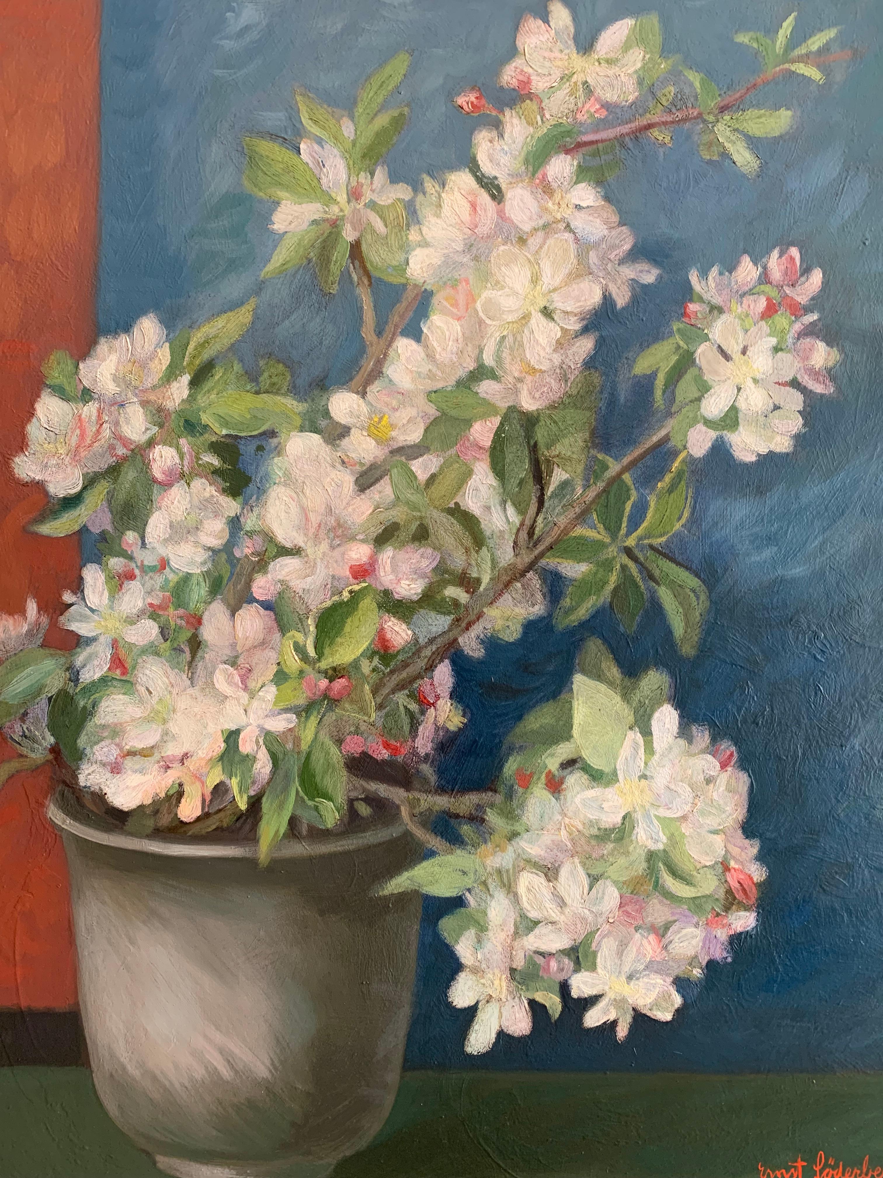 Peinture à l'huile suédoise du milieu du 20e siècle représentant une fleur dans un pot en céramique en vente 2