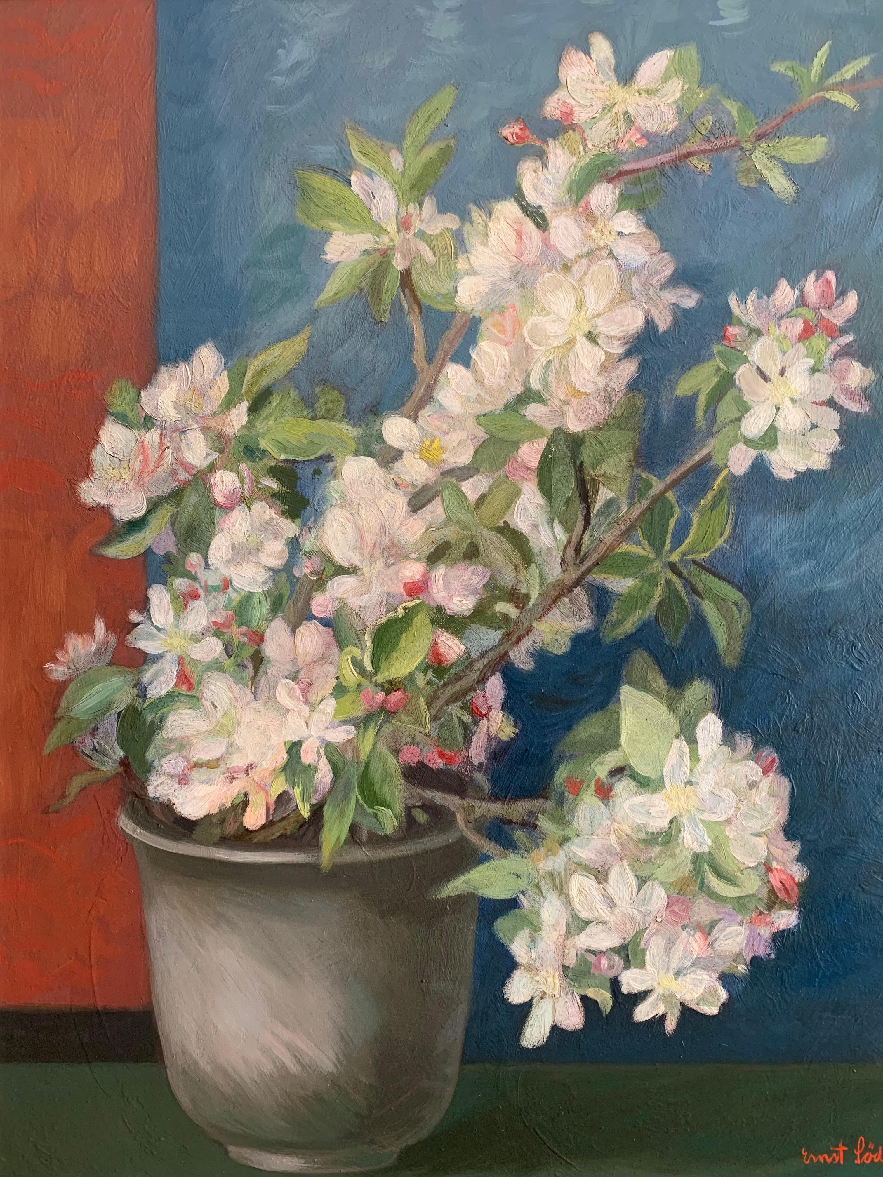 Suédois Peinture à l'huile suédoise du milieu du 20e siècle représentant une fleur dans un pot en céramique en vente