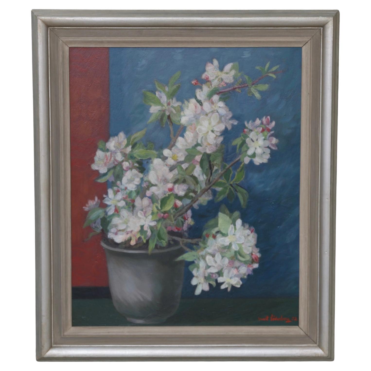 Quadro ad olio svedese della metà del XX secolo raffigurante un fiore in un vaso di ceramica