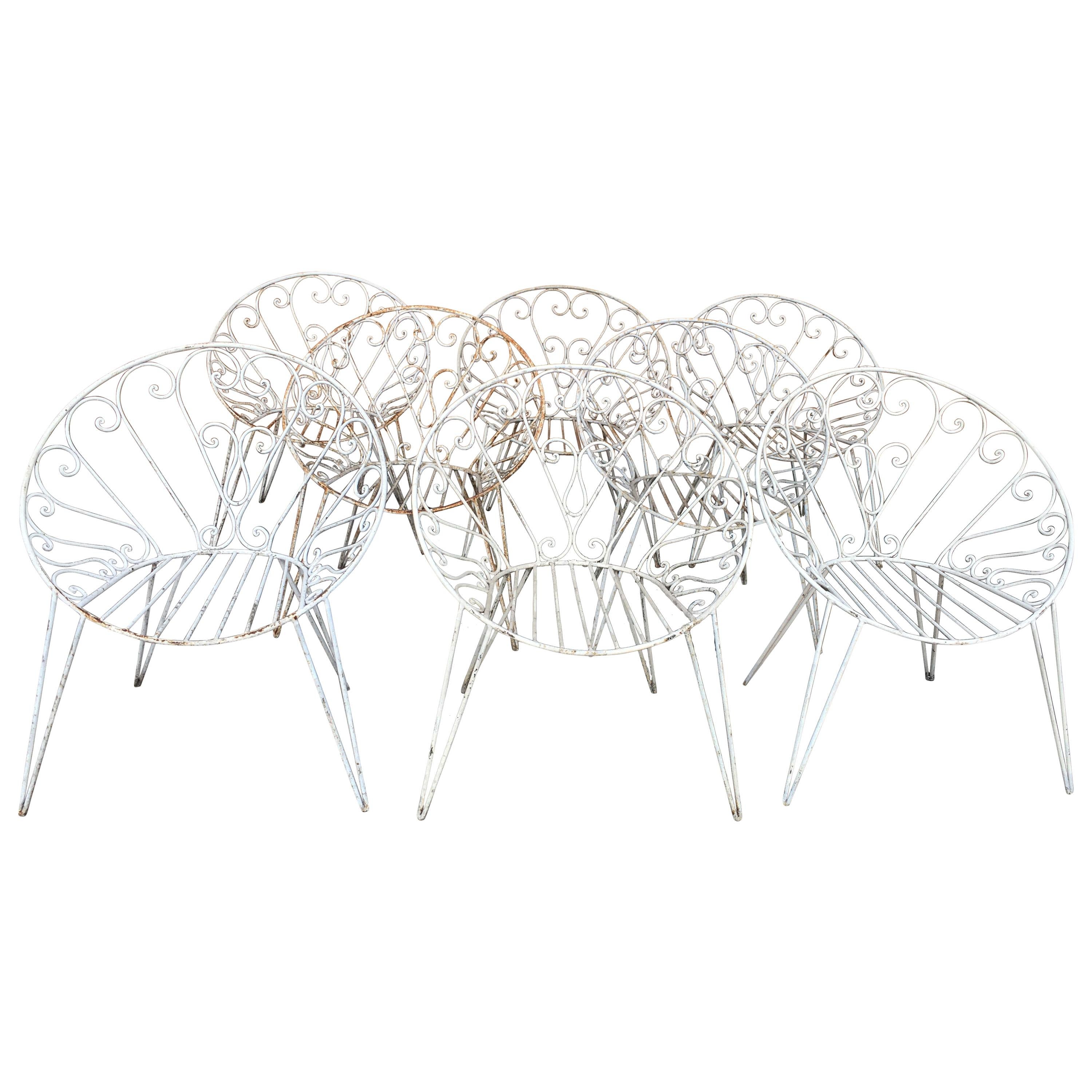 Mid-Century Modern French Set of 8 White Lacquered Iron Garden Chairs, 1960s