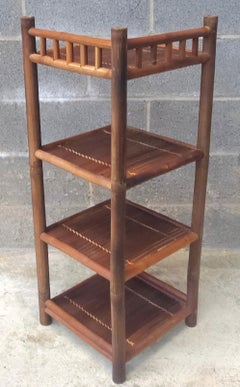 Mid-Cemtury Stained Bamboo Corner Etagere / Bookcase