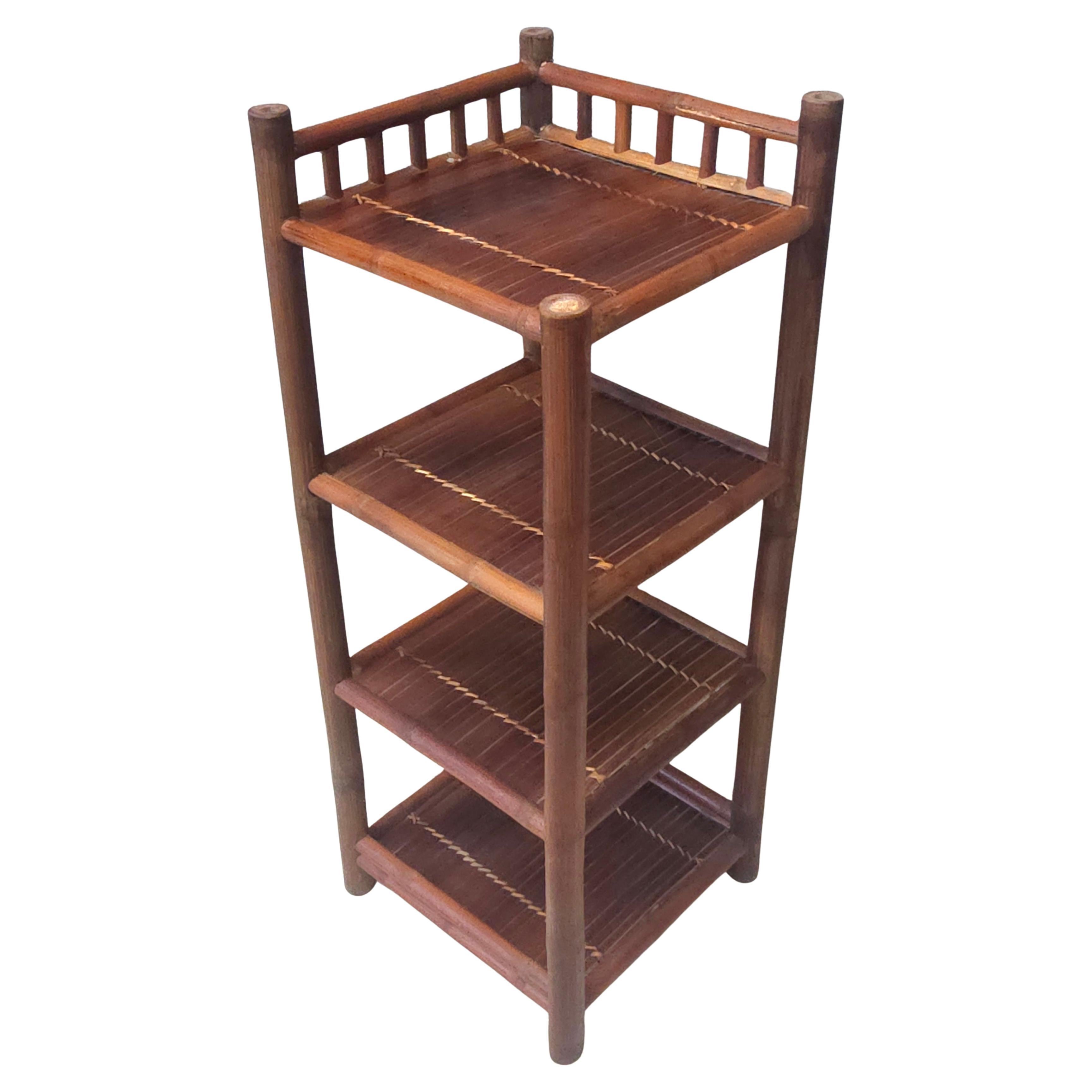 Mid-Cemtury Stained Bamboo Corner Etagere / Bookcase