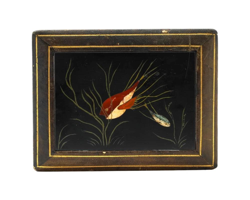 Mid Cen Italian Fish Pietra Dura Mosaic Leather Box For Sale 1