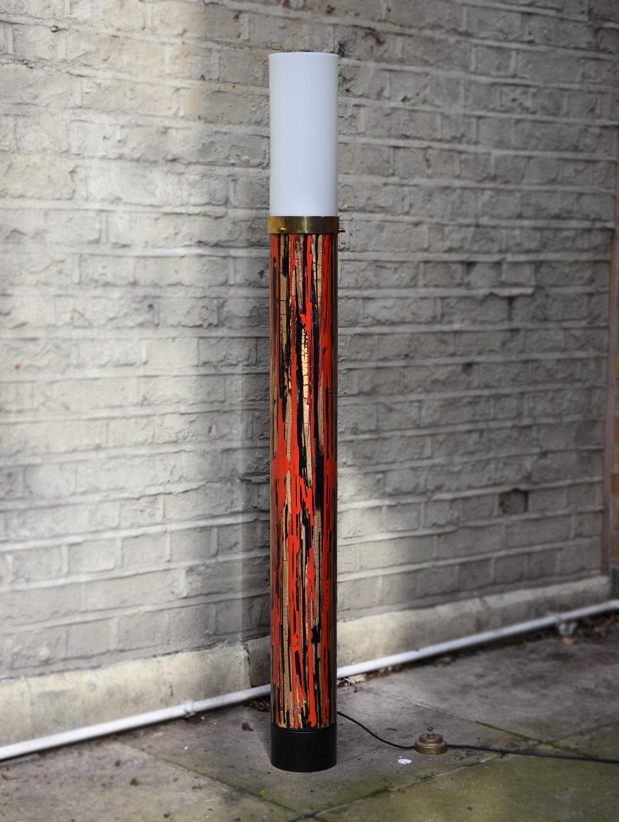 Midcentury Modernist Floor Lamp Art Enamel on Metal Acrylic Shade, Angelo Brotto In Good Condition For Sale In London, GB