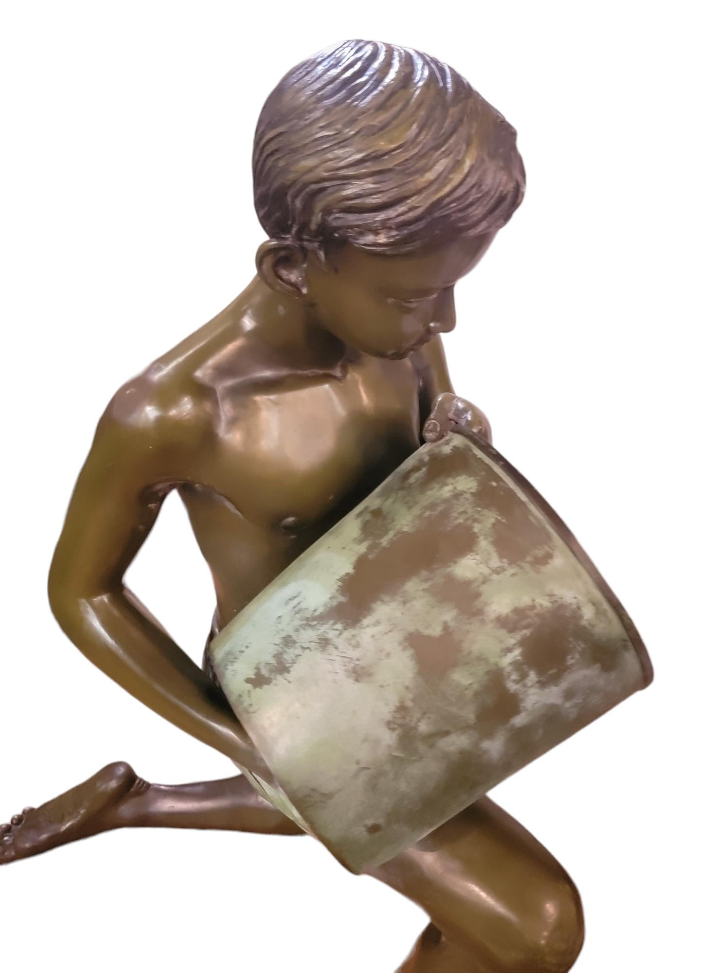 Mid-Century Modern Mid Cenrtury Kneeling Bronze Boy With Bucket Sculpture For Sale
