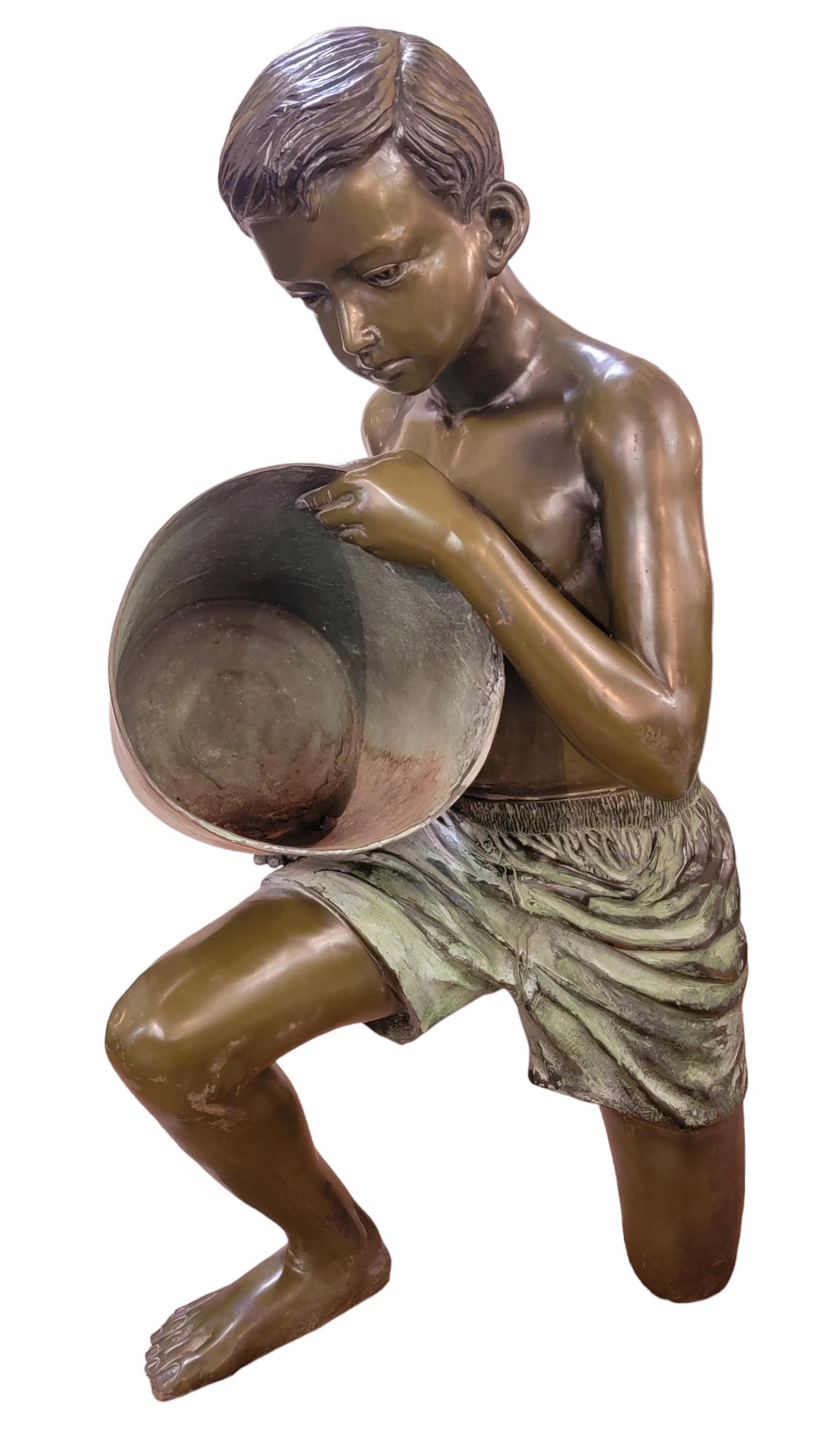 American Mid Cenrtury Kneeling Bronze Boy With Bucket Sculpture For Sale