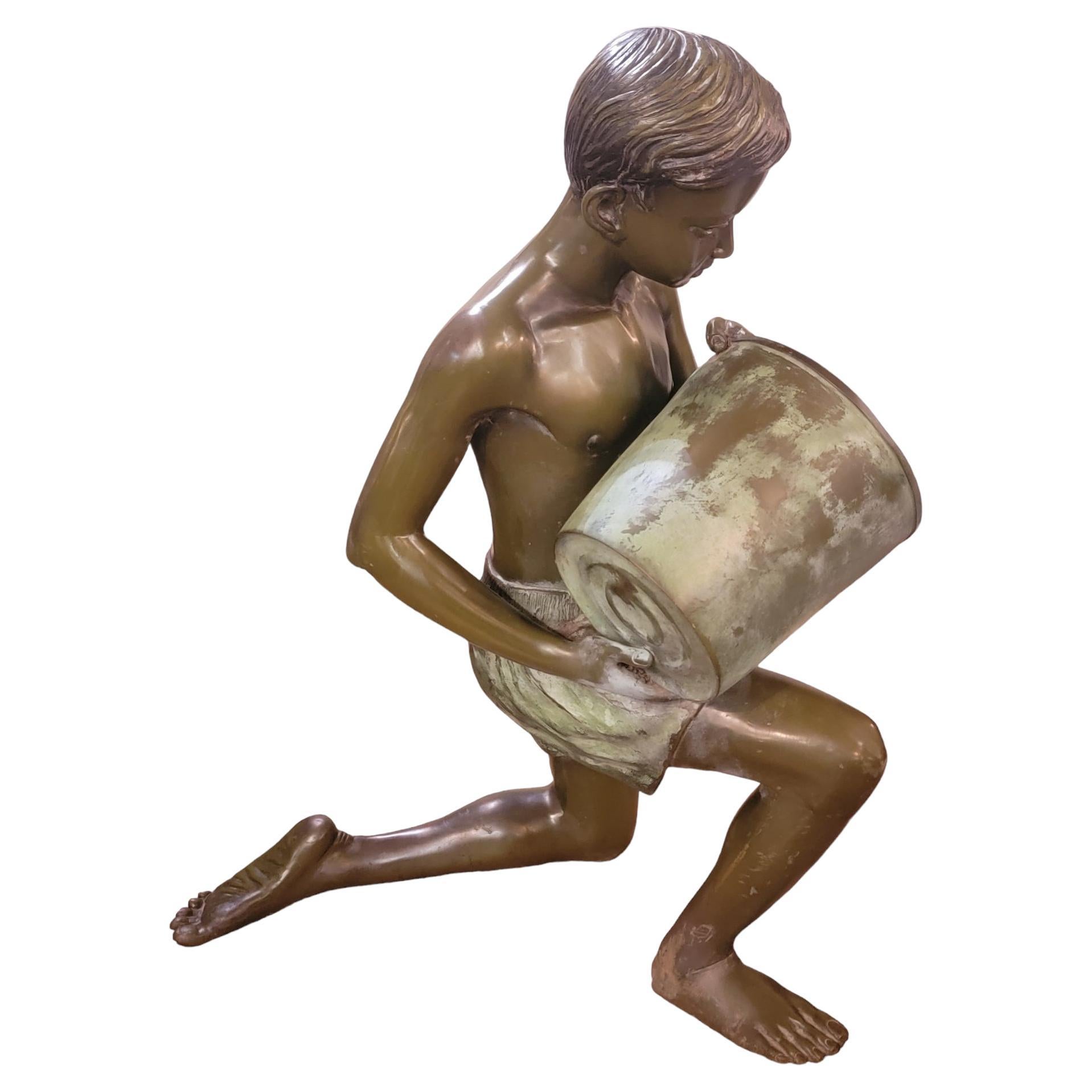 Mid Cenrtury Kneeling Bronze Boy With Bucket Sculpture For Sale