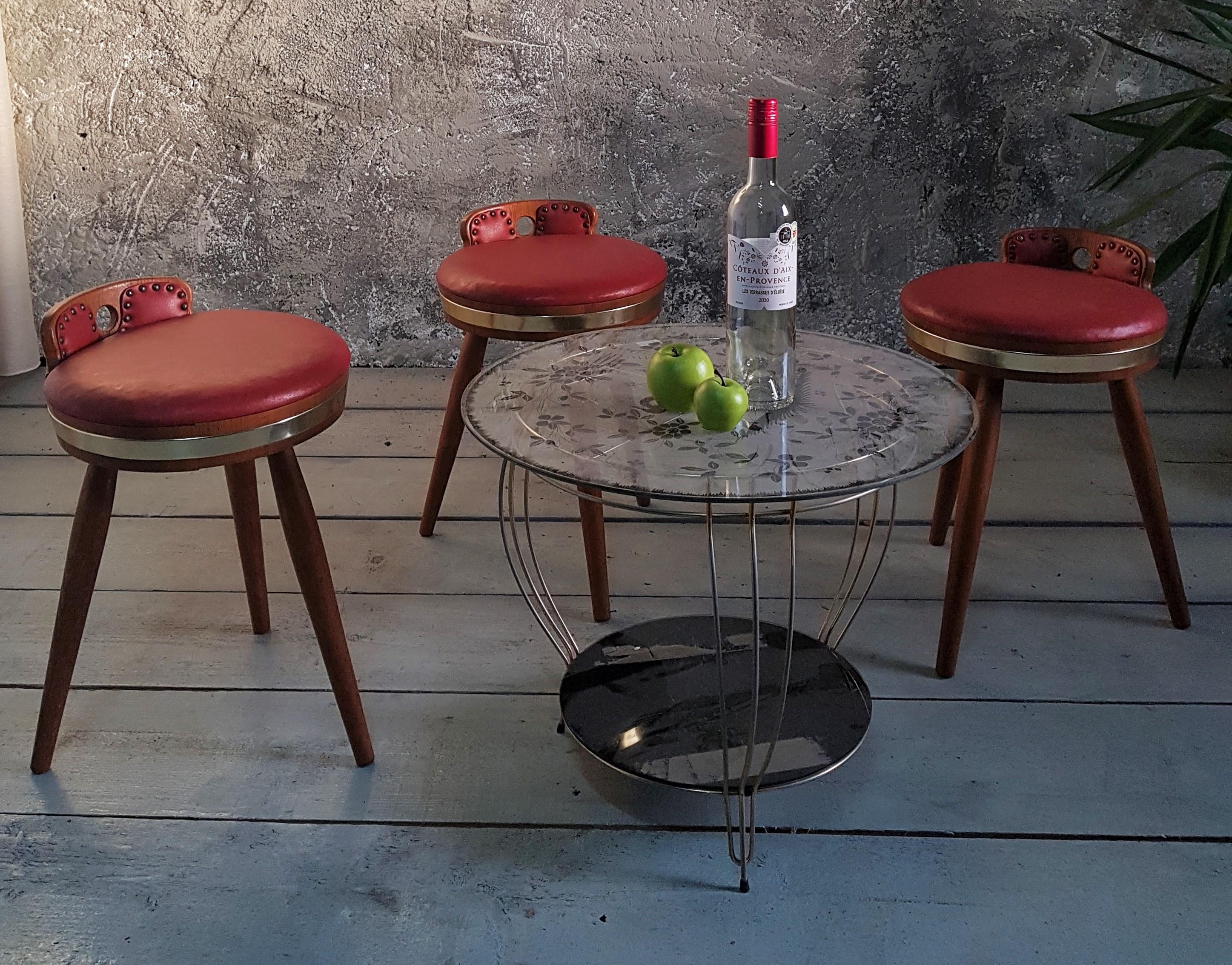 Mid-Century Modern Midcenrury Set of 3 Rustic Provincial Country Stools, France, 1950s For Sale