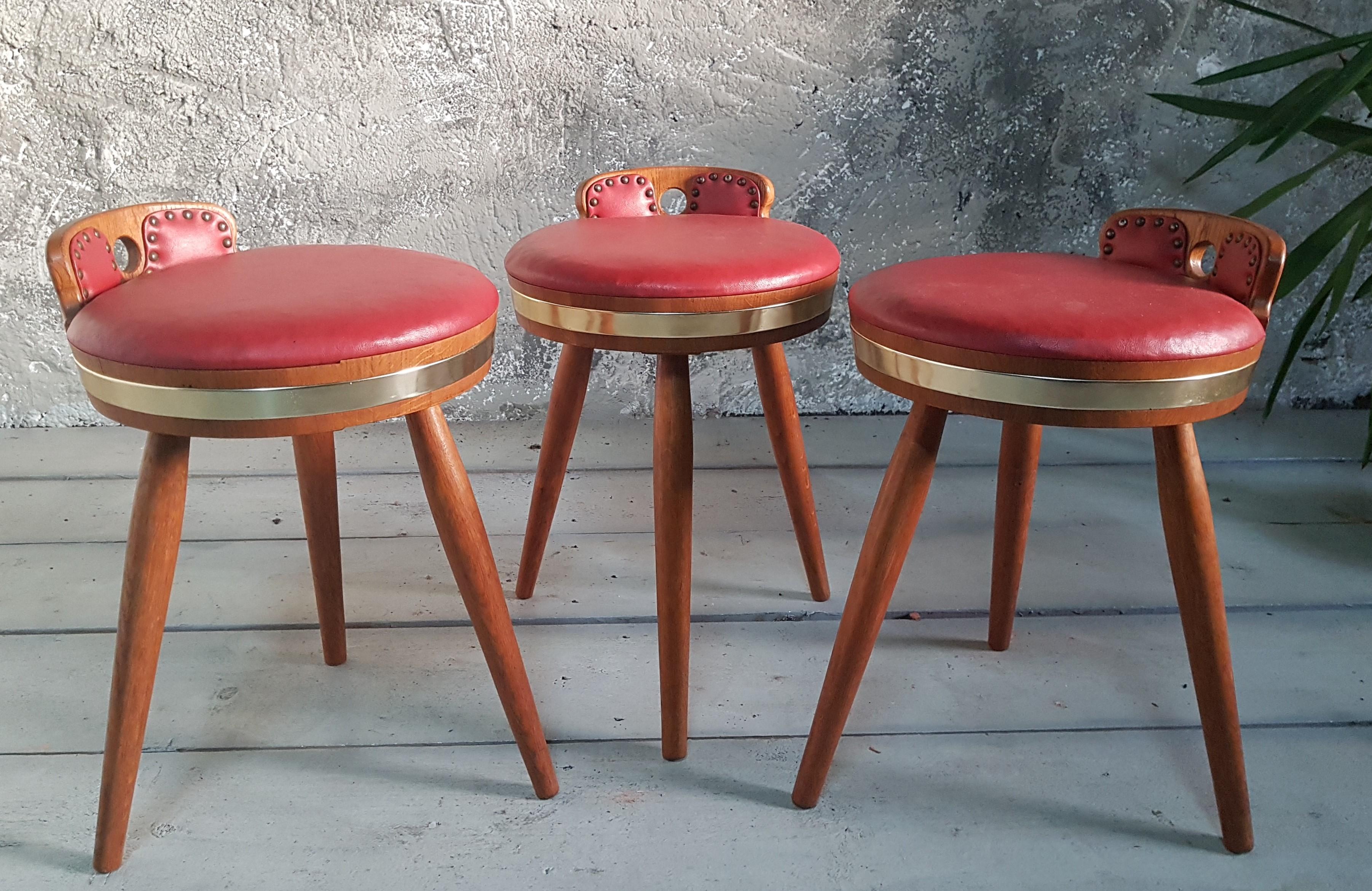 Leather Midcenrury Set of 3 Rustic Provincial Country Stools, France, 1950s For Sale