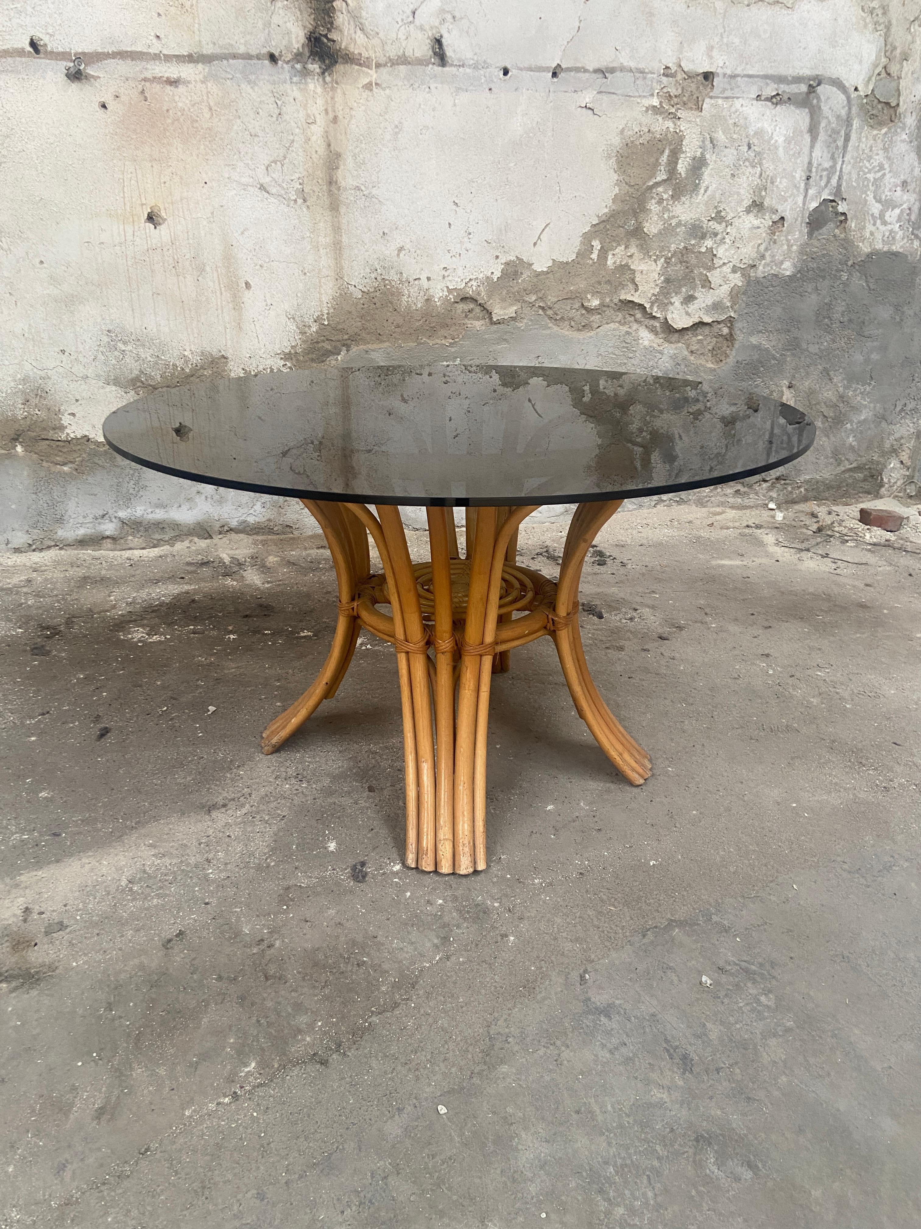 Mid-Century Modern Mid-Cenruty Modern Italian Bamboo Table with Smoked Glass Top, 1970s For Sale