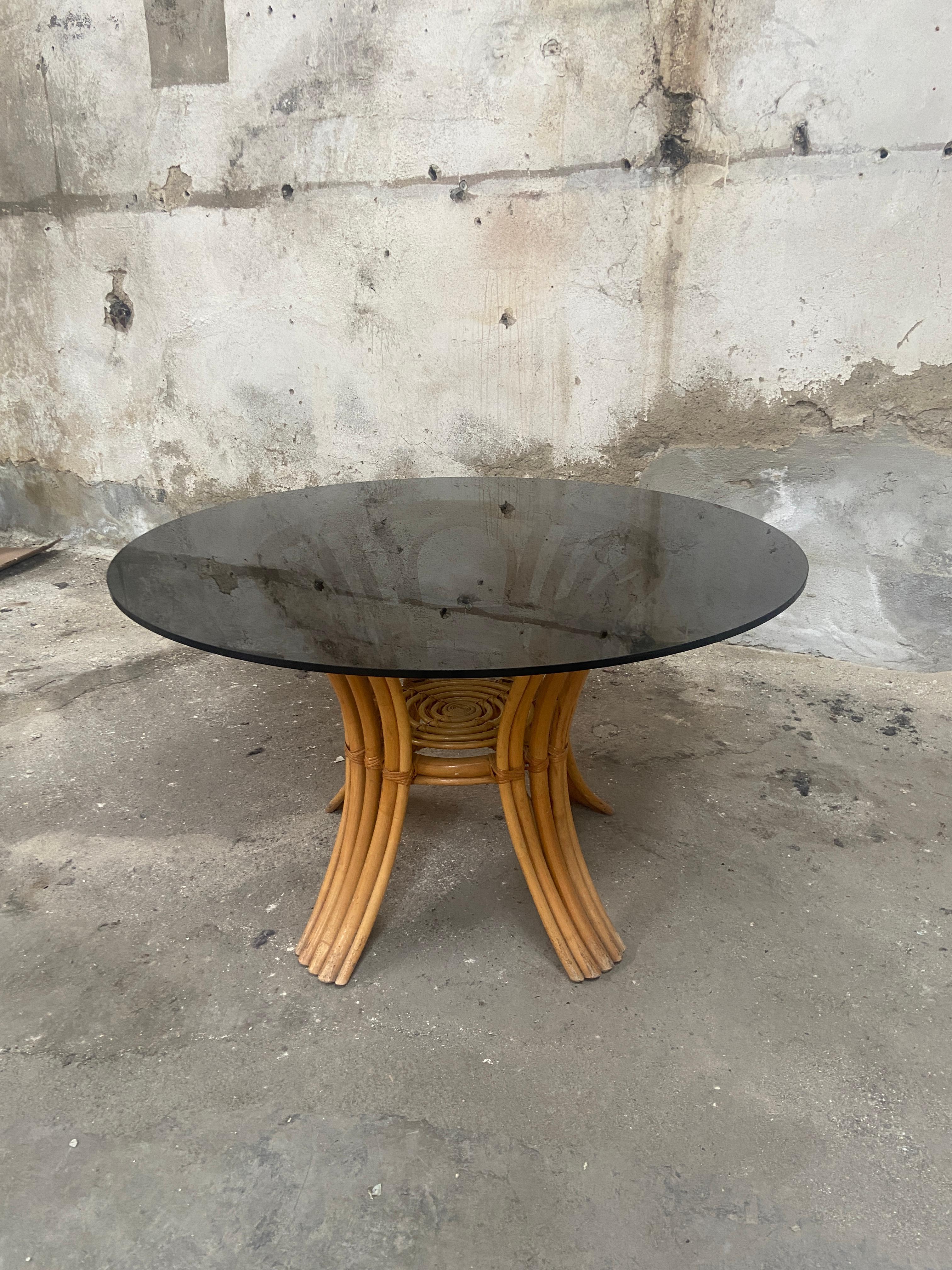 Late 20th Century Mid-Cenruty Modern Italian Bamboo Table with Smoked Glass Top, 1970s For Sale