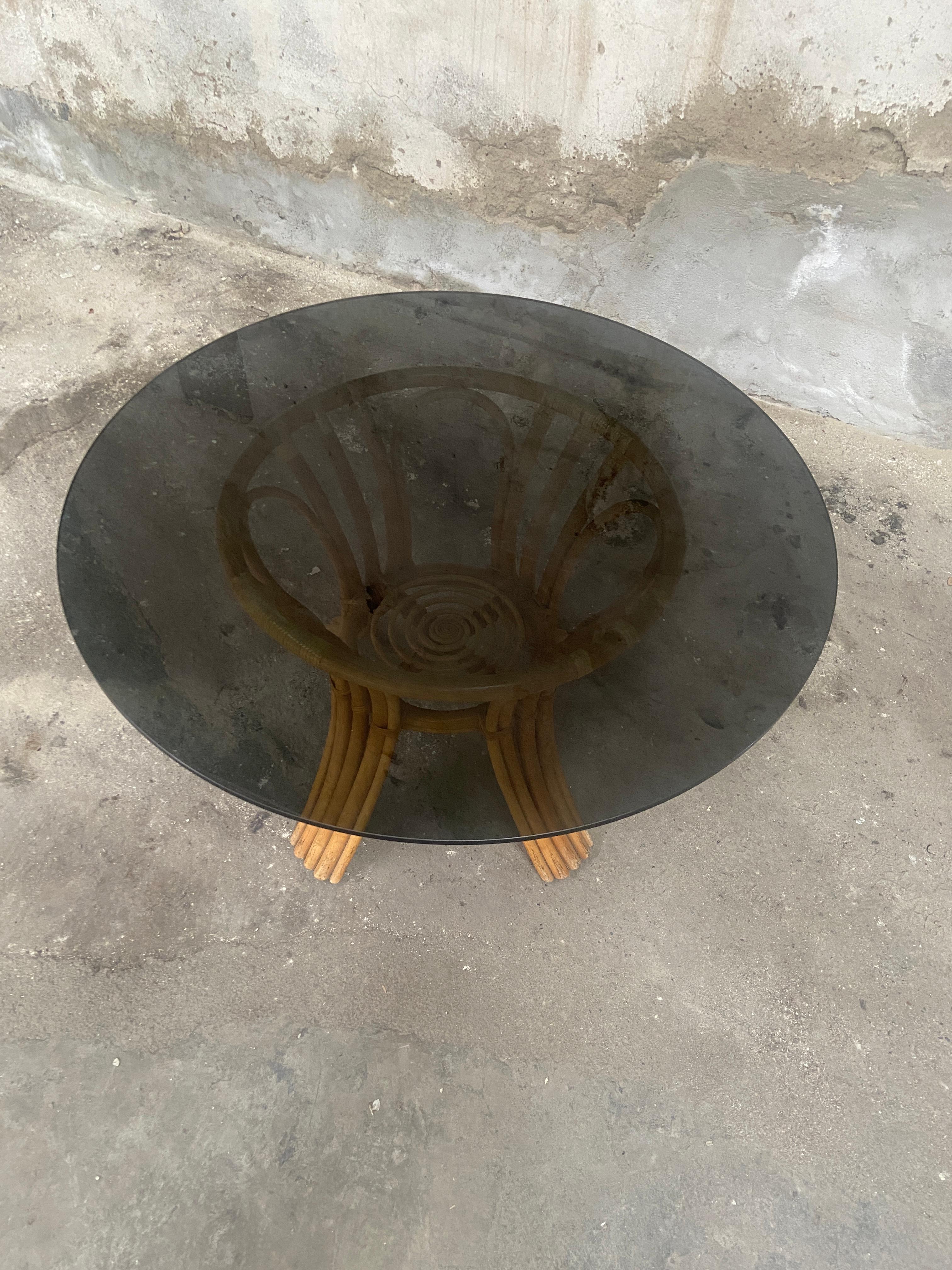 Mid-Cenruty Modern Italian Bamboo Table with Smoked Glass Top, 1970s For Sale 1