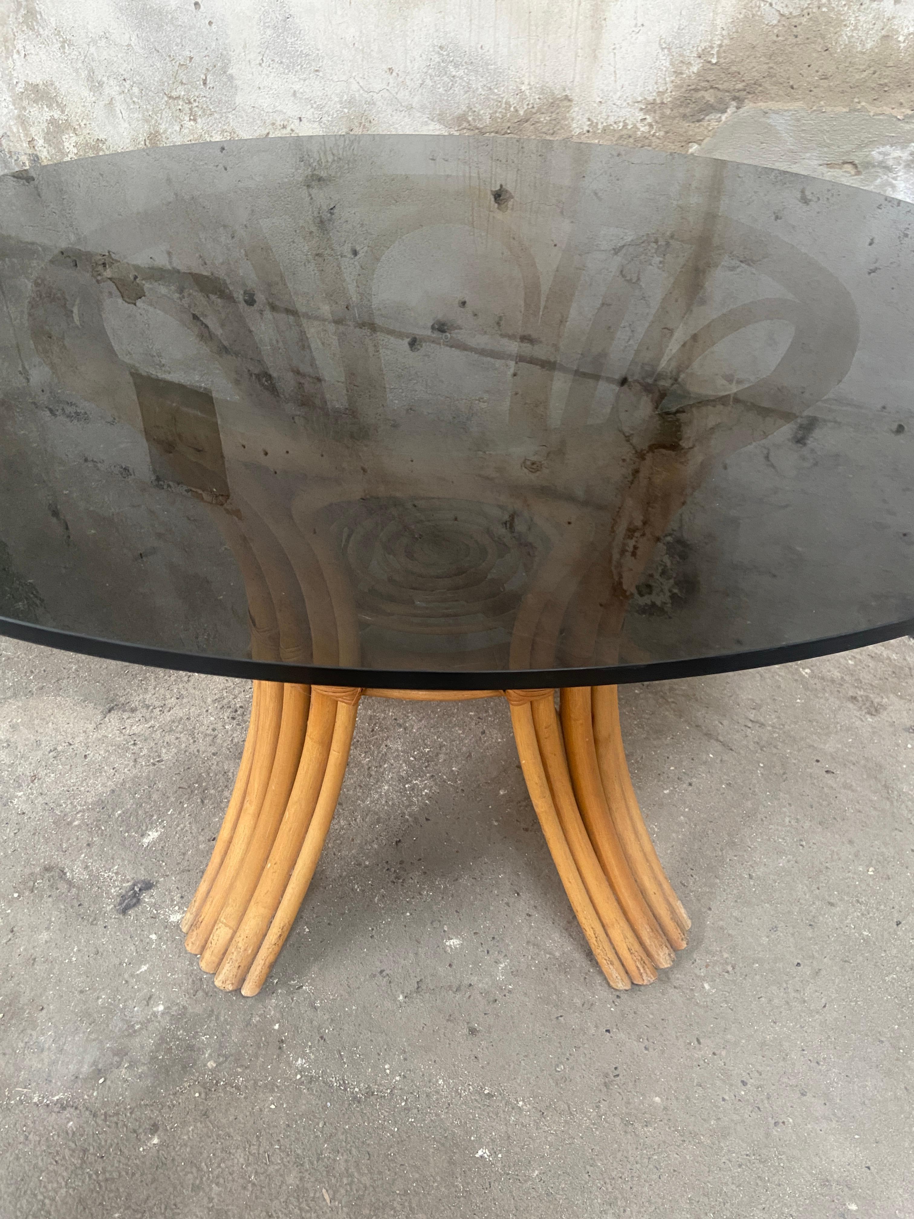 Mid-Cenruty Modern Italian Bamboo Table with Smoked Glass Top, 1970s For Sale 2