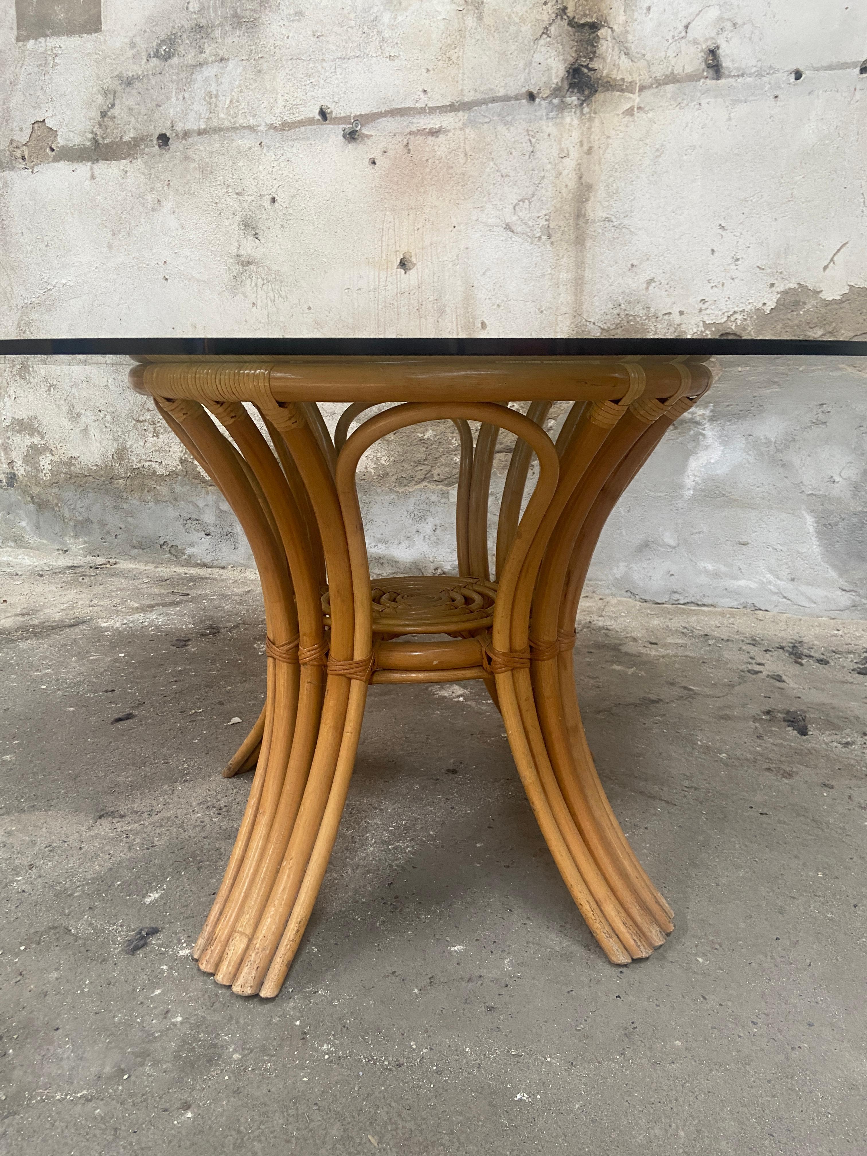 Mid-Cenruty Modern Italian Bamboo Table with Smoked Glass Top, 1970s For Sale 3