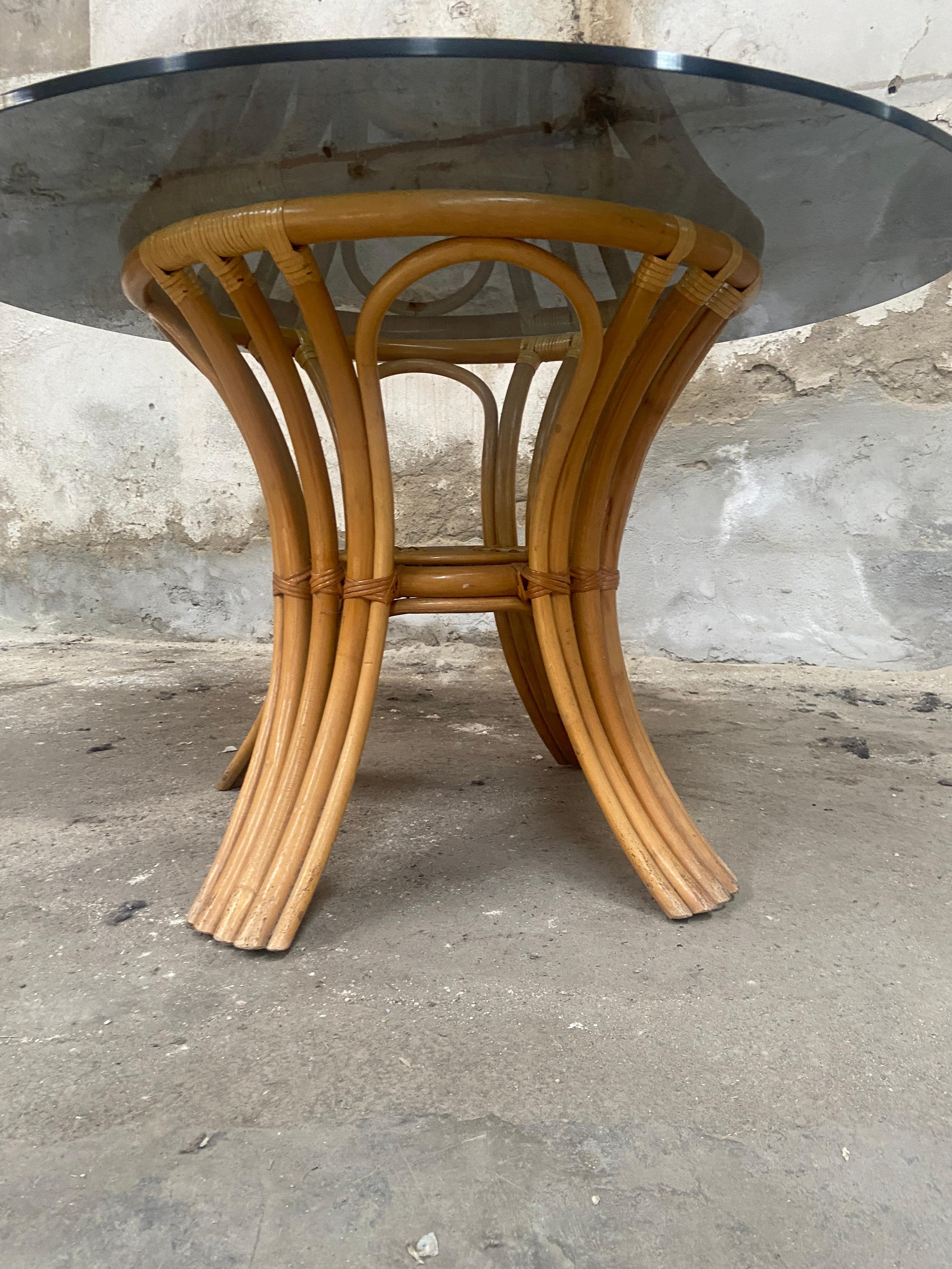 Mid-Cenruty Modern Italian Bamboo Table with Smoked Glass Top, 1970s For Sale 4