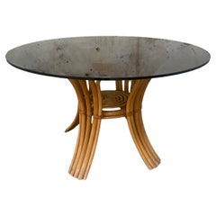 Vintage Mid-Cenruty Modern Italian Bamboo Table with Smoked Glass Top, 1970s