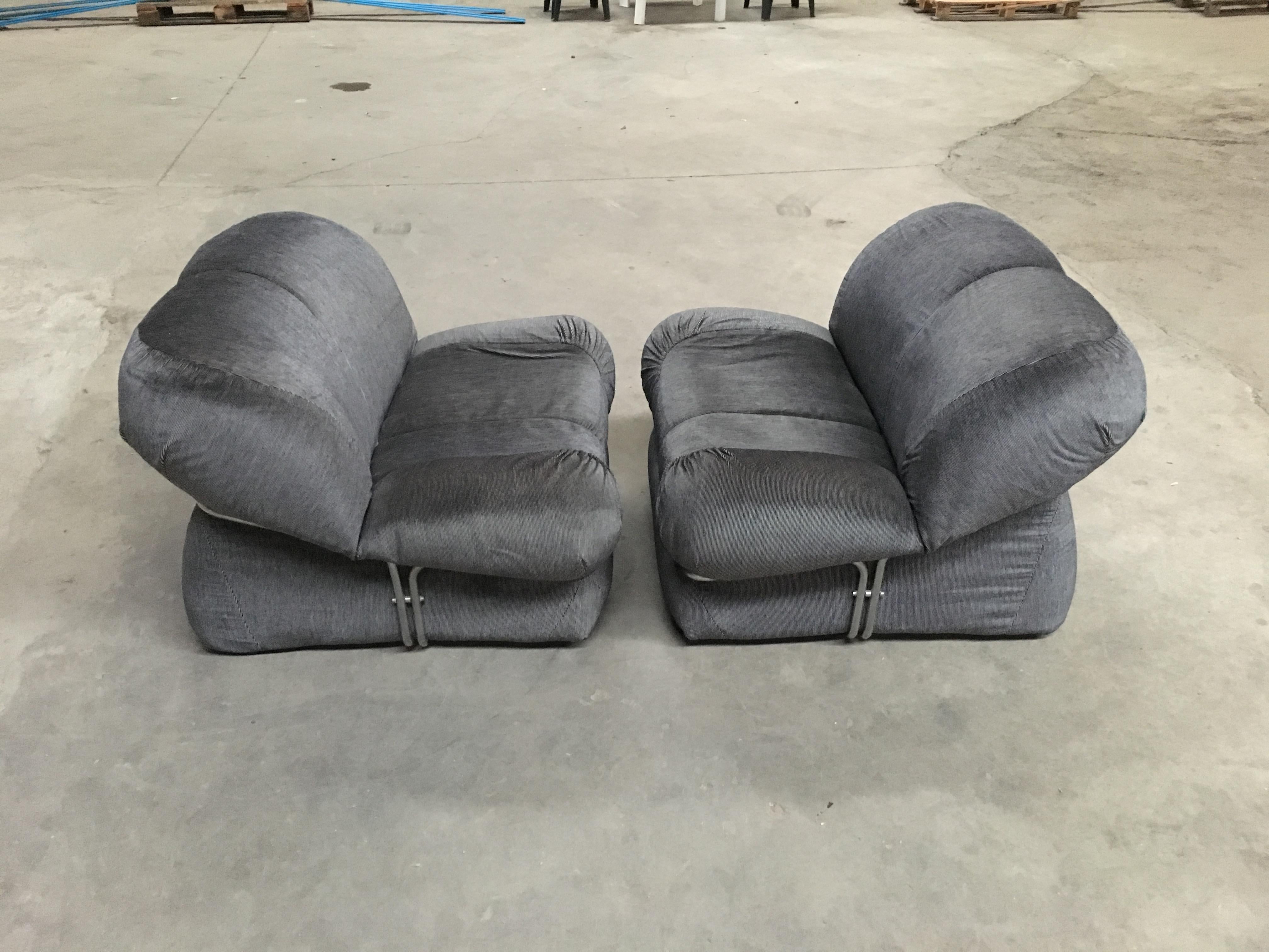 Fabric Mid-Century Modern Pair of Italian Armchairs with Chrome Structure, 1970s