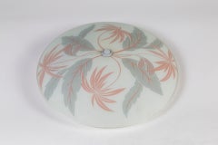Midcentury Palm Beach Glass Flush Mount Light w/ Gray and Coral Flora Motif