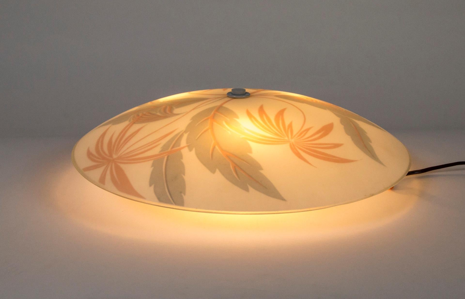Midcentury Palm Beach Glass Flush Mount Light w/ Gray and Coral Flora Motif In Good Condition In San Francisco, CA