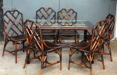 MCM Rattan / Cane Dining Table & 6 x Chippendale Style Chairs, Angraves 1970s