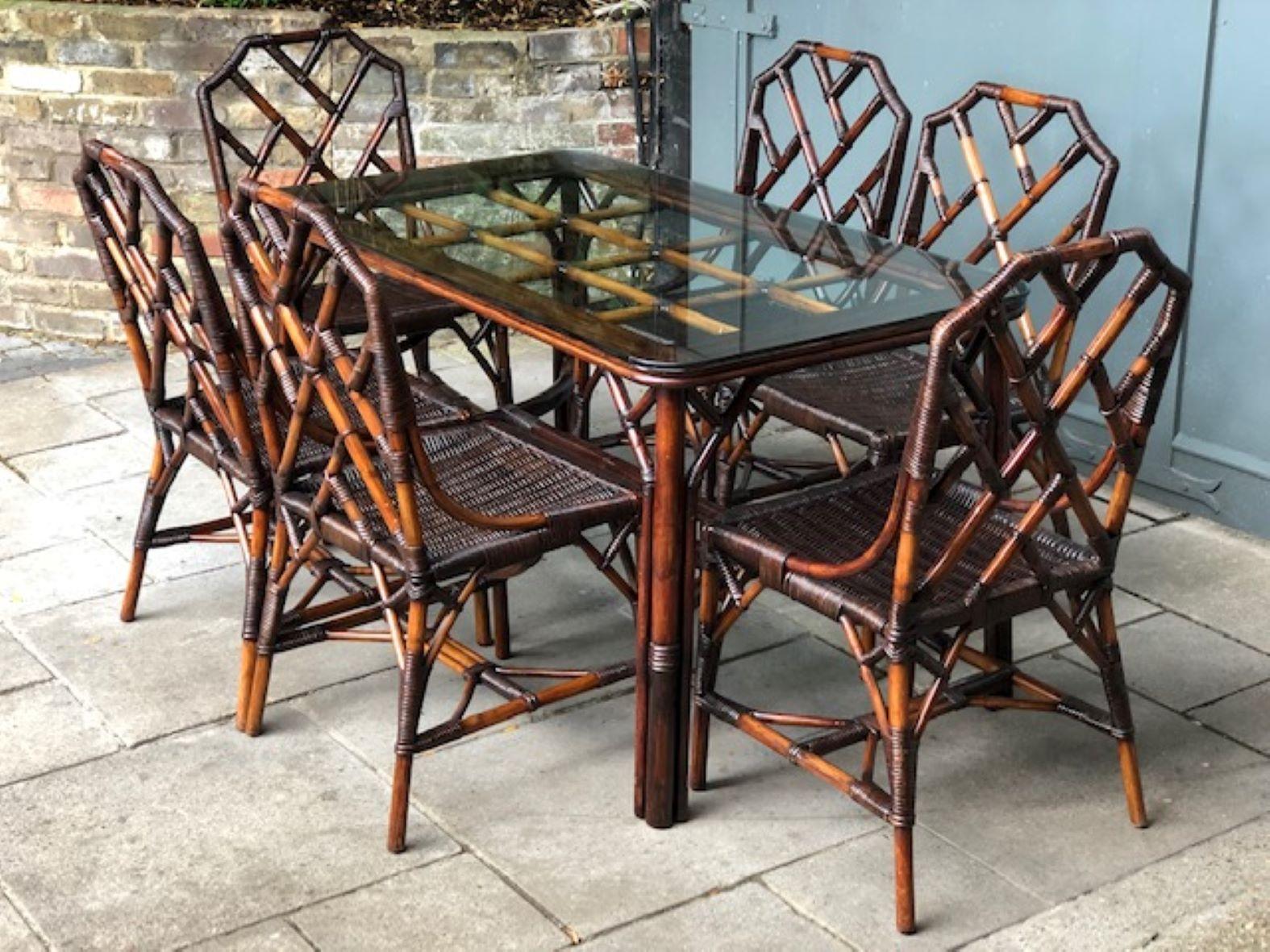MCM Rattan / Cane Dining Table & 6 x Chippendale Style Chairs, Angraves 1970s For Sale 14