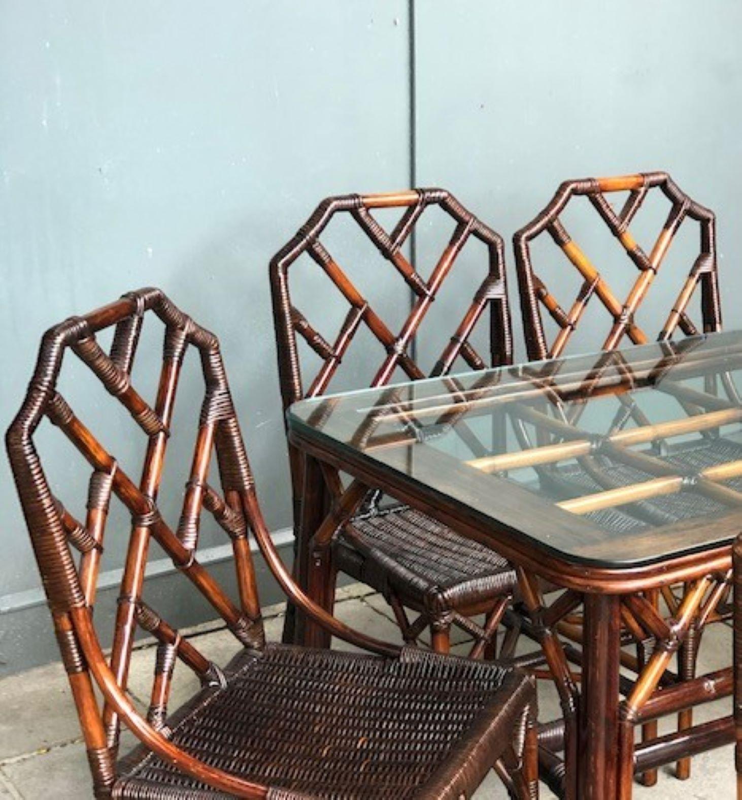 British MCM Rattan / Cane Dining Table & 6 x Chippendale Style Chairs, Angraves 1970s For Sale