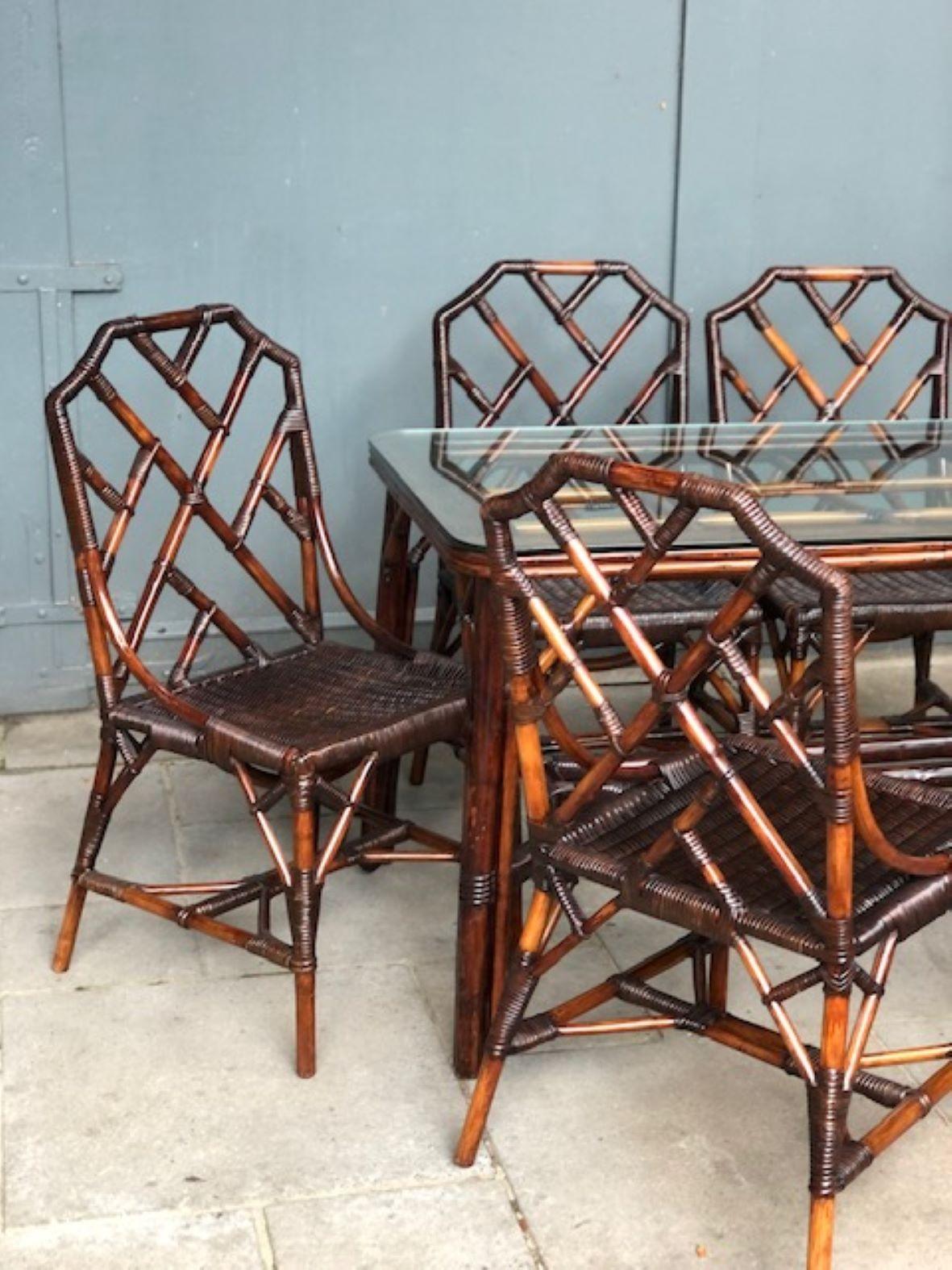 MCM Rattan / Cane Dining Table & 6 x Chippendale Style Chairs, Angraves 1970s In Good Condition For Sale In Richmond, Surrey