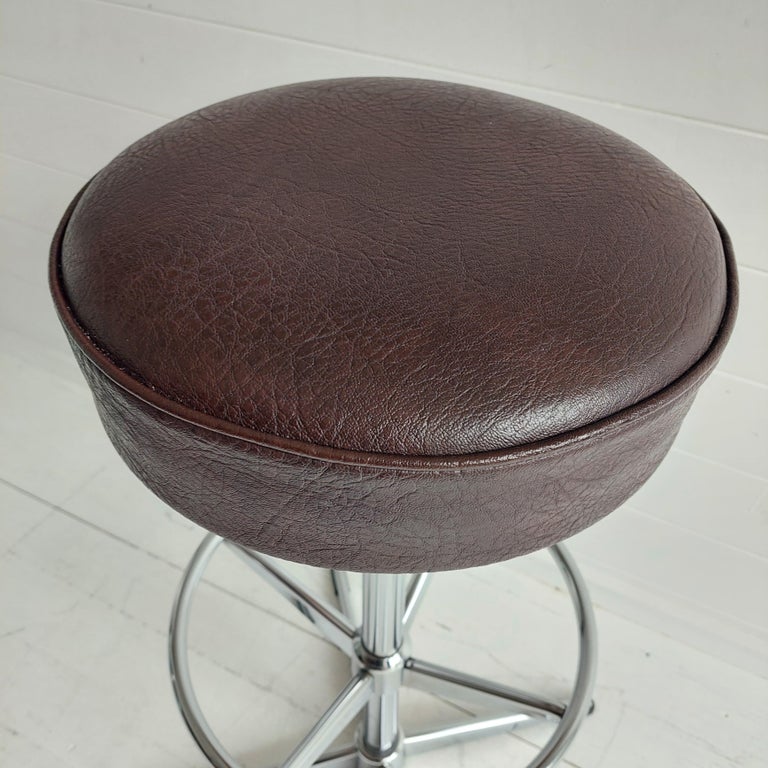 Mid Centruy Chrome and Brown Vinyl Swivel Bar Stools , 1970s Set of 2
