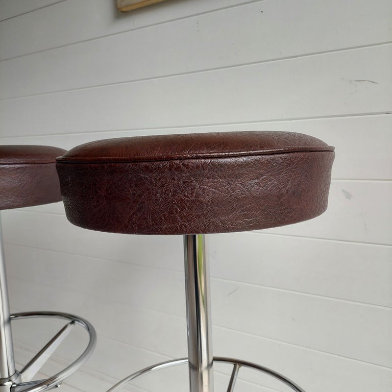 Mid Centruy Chrome and Brown Vinyl Swivel Bar Stools , 1970s Set of 2