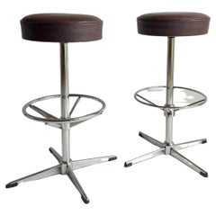 Mid Centruy Chrome and Brown Vinyl Swivel Bar Stools , 1970s Set of 2