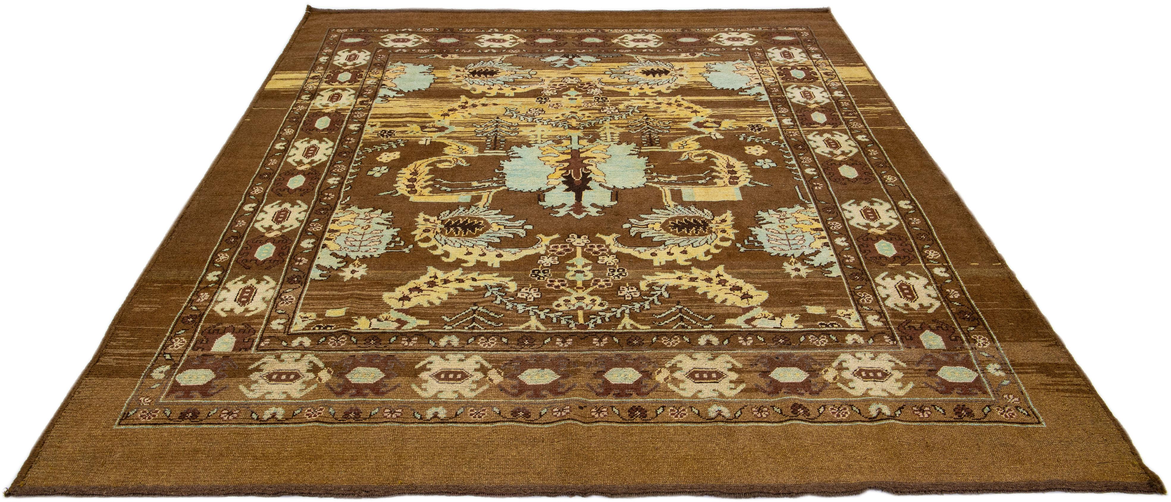 Modern Mid-Centruy Transitional Style Handmade Floral Brown Wool Rug by Apadana For Sale
