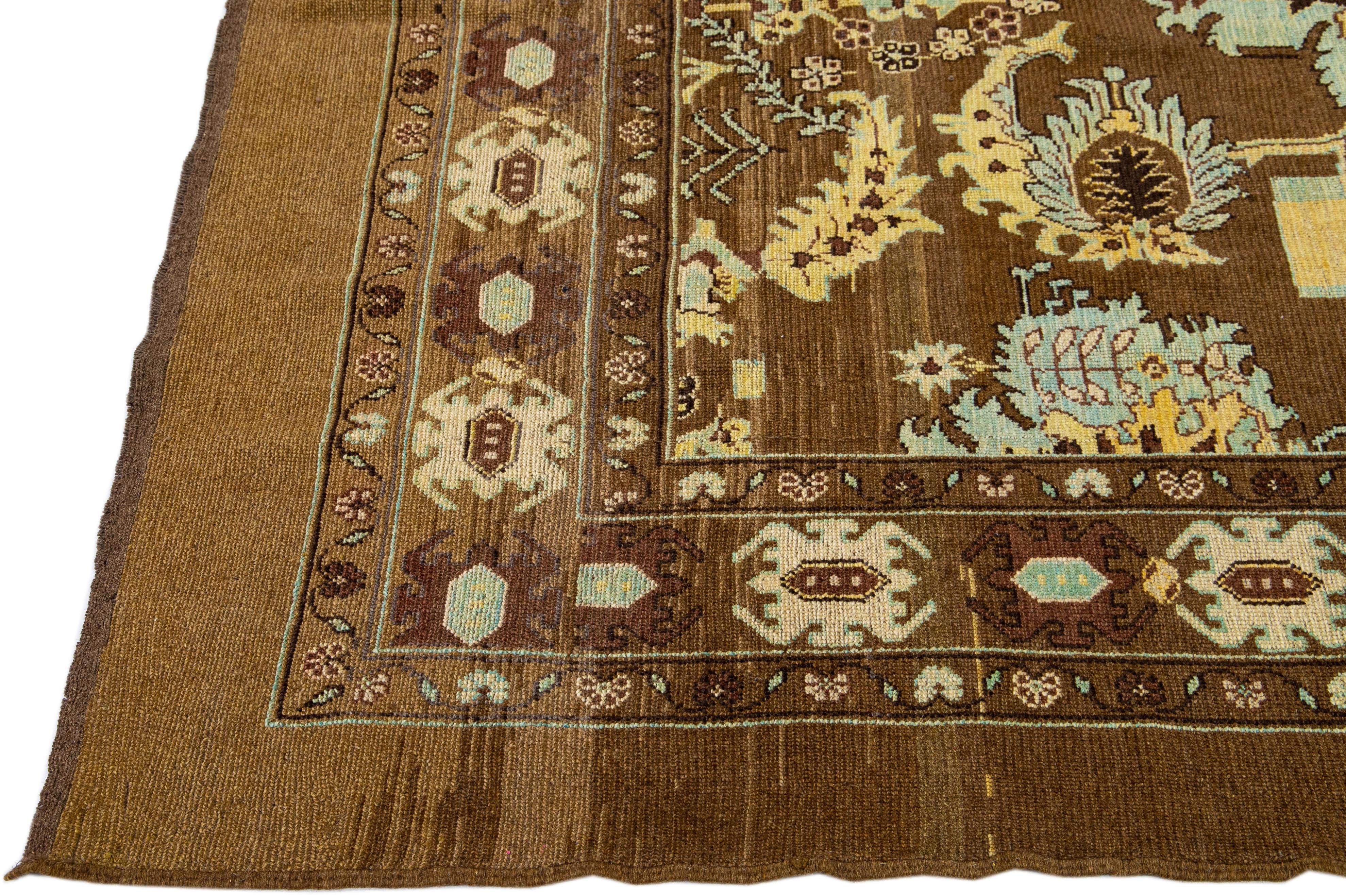 Afghan Mid-Centruy Transitional Style Handmade Floral Brown Wool Rug by Apadana For Sale