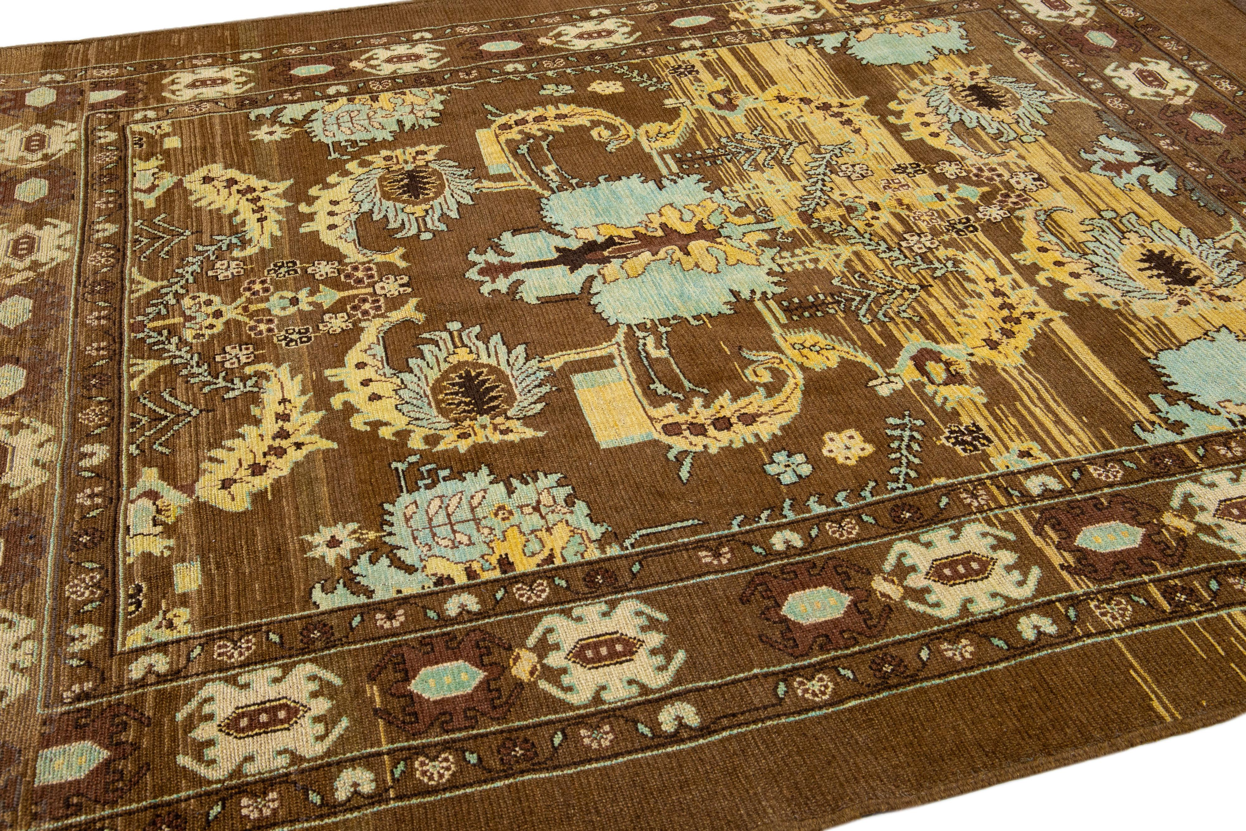 Hand-Knotted Mid-Centruy Transitional Style Handmade Floral Brown Wool Rug by Apadana For Sale