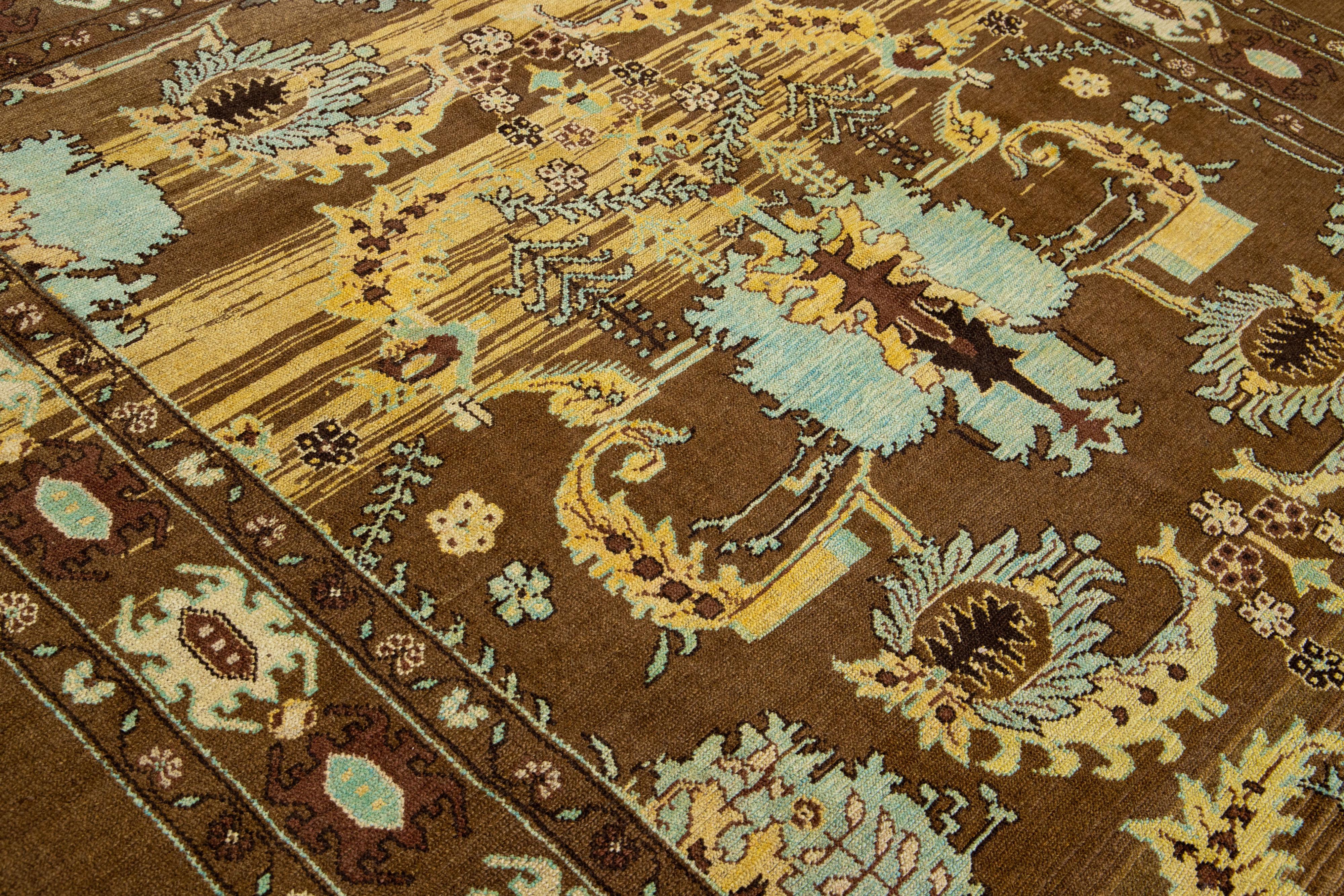 Contemporary Mid-Centruy Transitional Style Handmade Floral Brown Wool Rug by Apadana For Sale