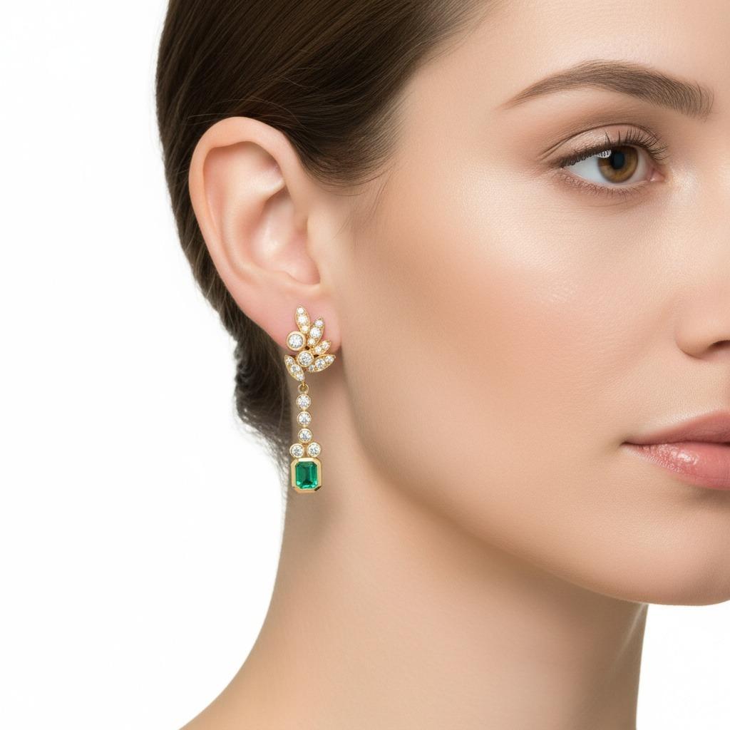 Taglio rotondo Orecchini Mid-centurt in oro giallo 18 carati con smeraldi e diamanti colombiani in vendita