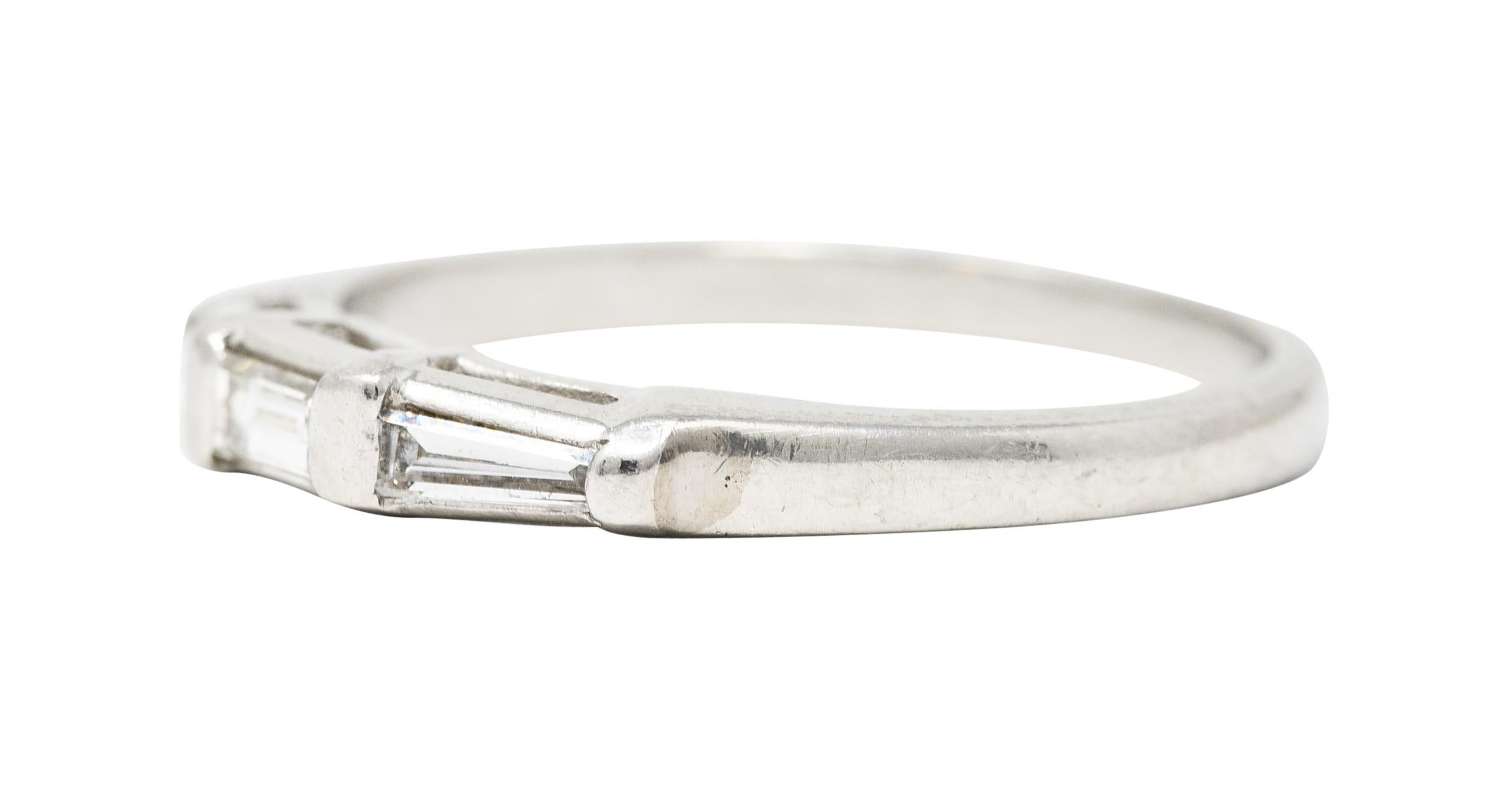 Mid-Century 0.31 Carat Baguette Diamond Platinum Three Stone Wedding Band Ring 1