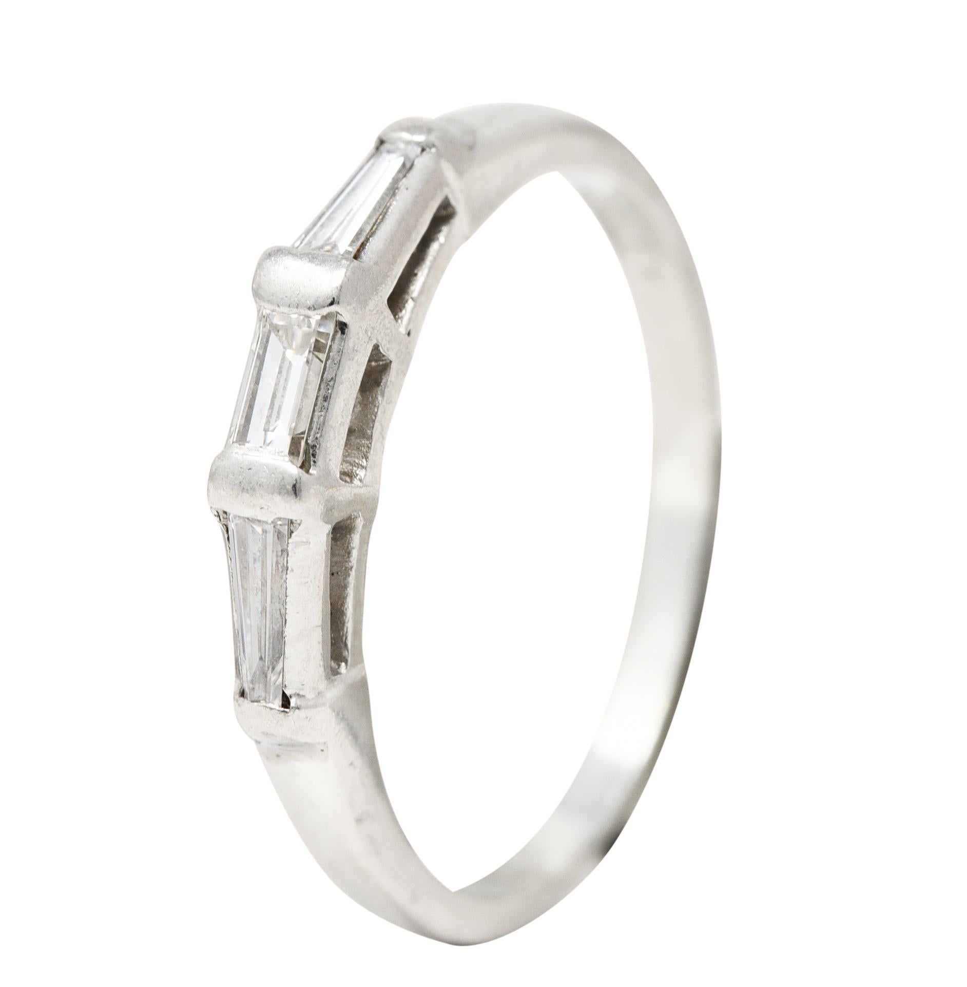 Mid-Century 0.31 Carat Baguette Diamond Platinum Three Stone Wedding Band Ring 4
