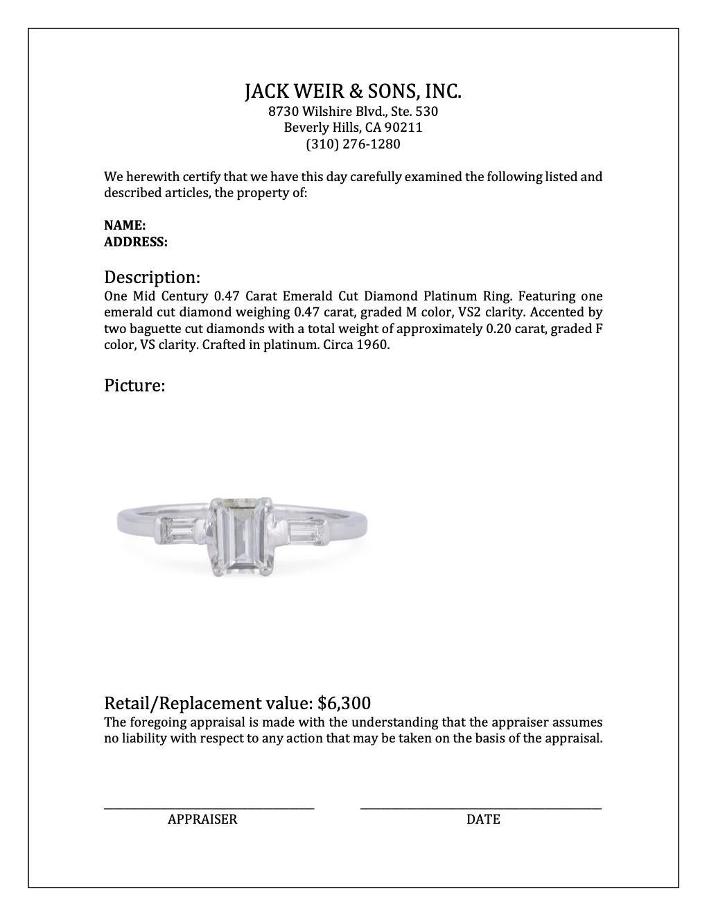 Mid-Century 0.47 Carat Emerald Cut Diamond Platinum Ring For Sale 2