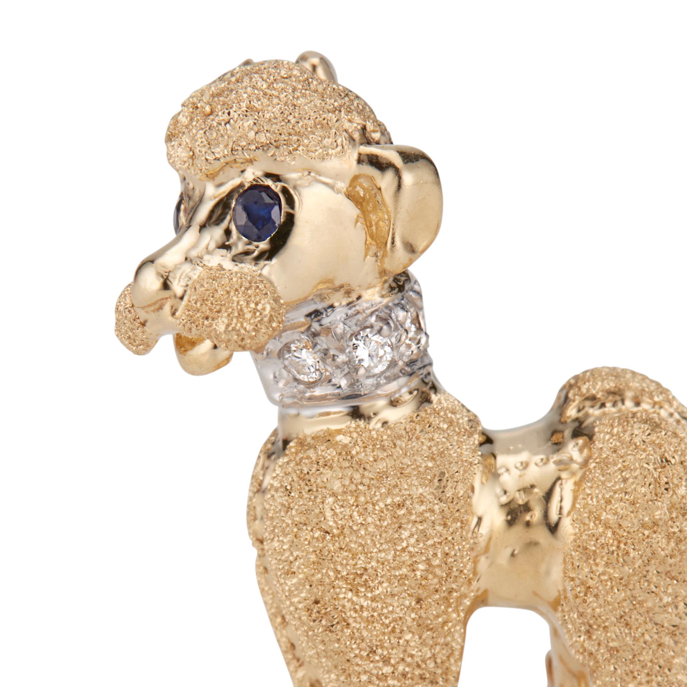 Women's Mid-Century .05 Carat Diamond Blue Sapphire Yellow White Gold Poodle Brooch