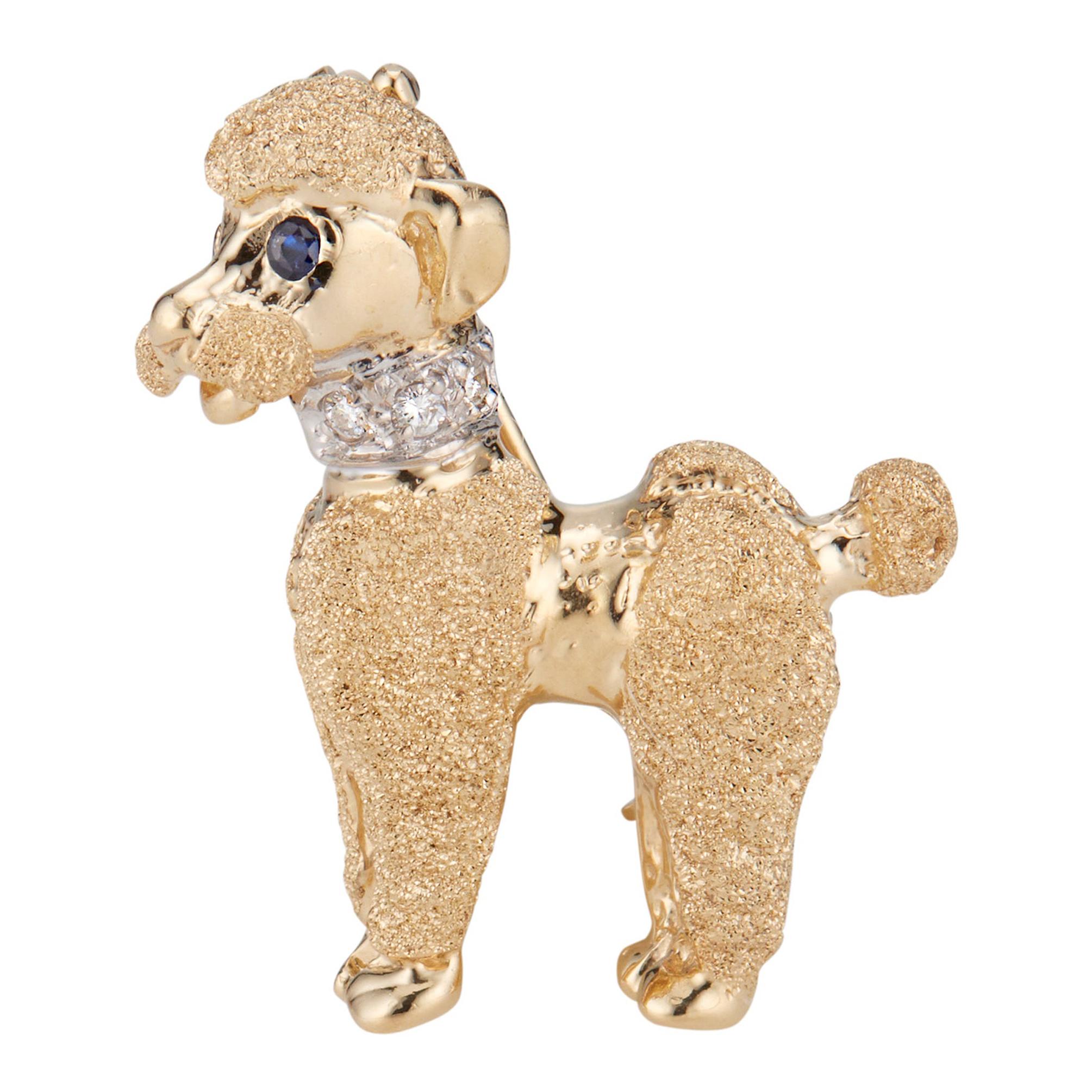 Mid-Century .05 Carat Diamond Blue Sapphire Yellow White Gold Poodle Brooch