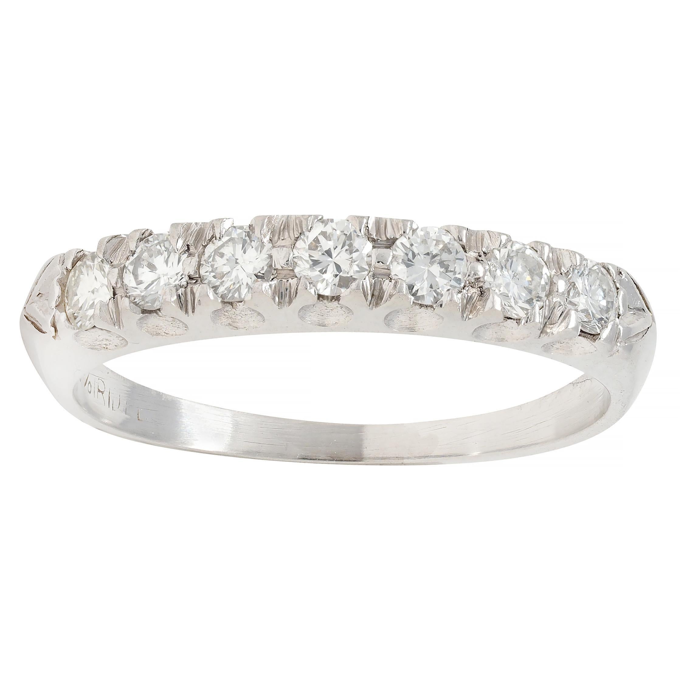 Mid-Century 0.56 CTW Transitional Cut Diamond Platinum Vintage Wedding Band Ring For Sale 3