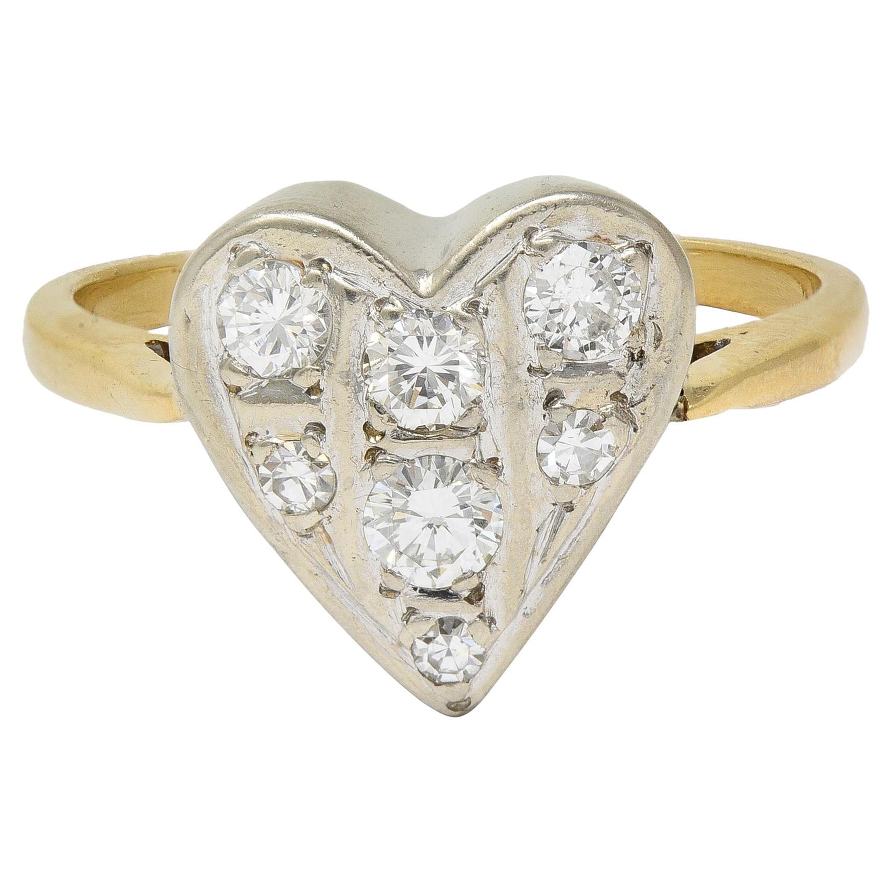 Medio Siglo 0.57 CTW Diamante 14 Kilates Oro Dos Tonos Anillo Corazón Vintage
