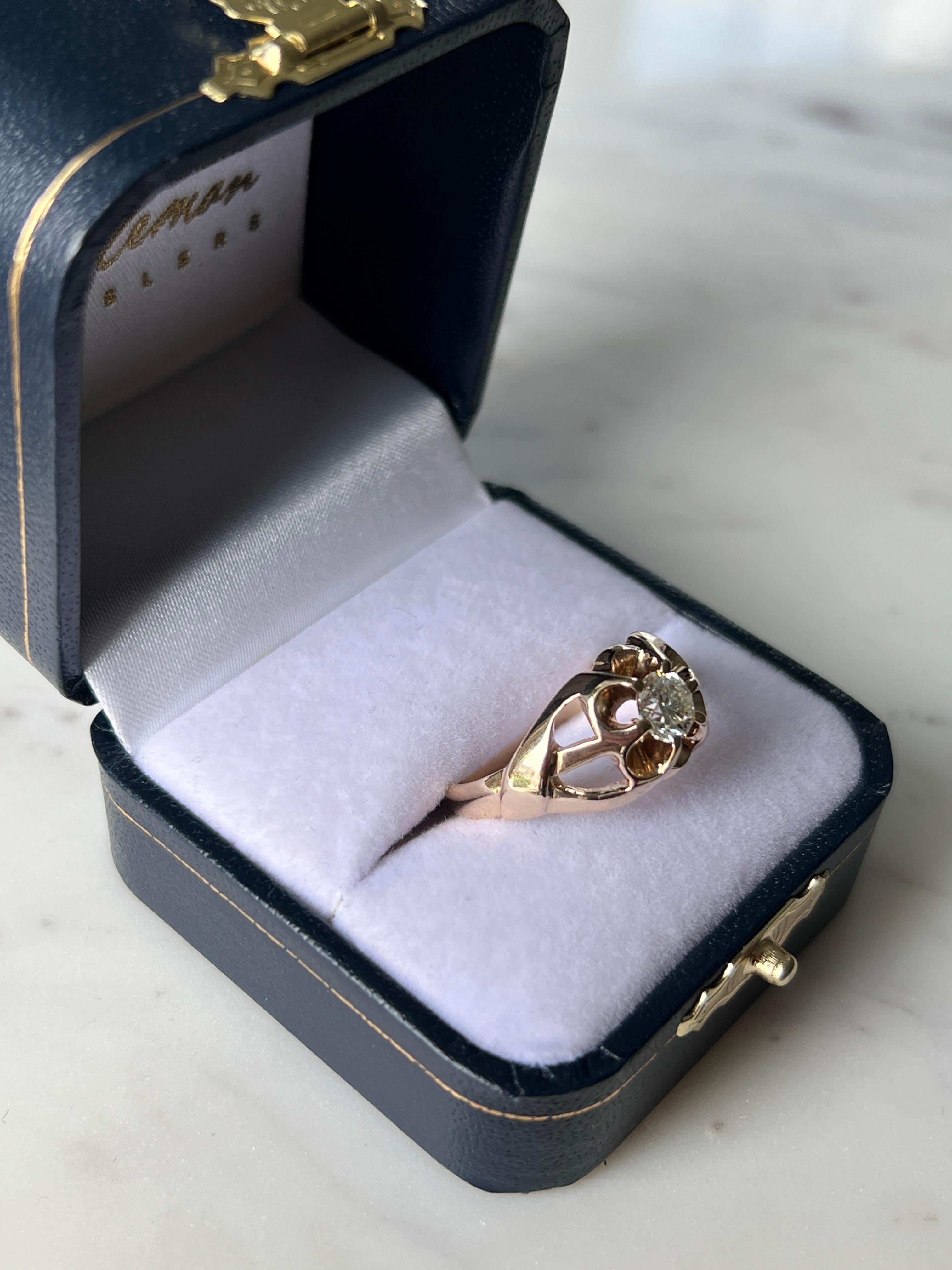 Round Cut Mid-Century 0.64 Carat Diamond and 14k Yellow Gold Buttercup Ring 1960s For Sale